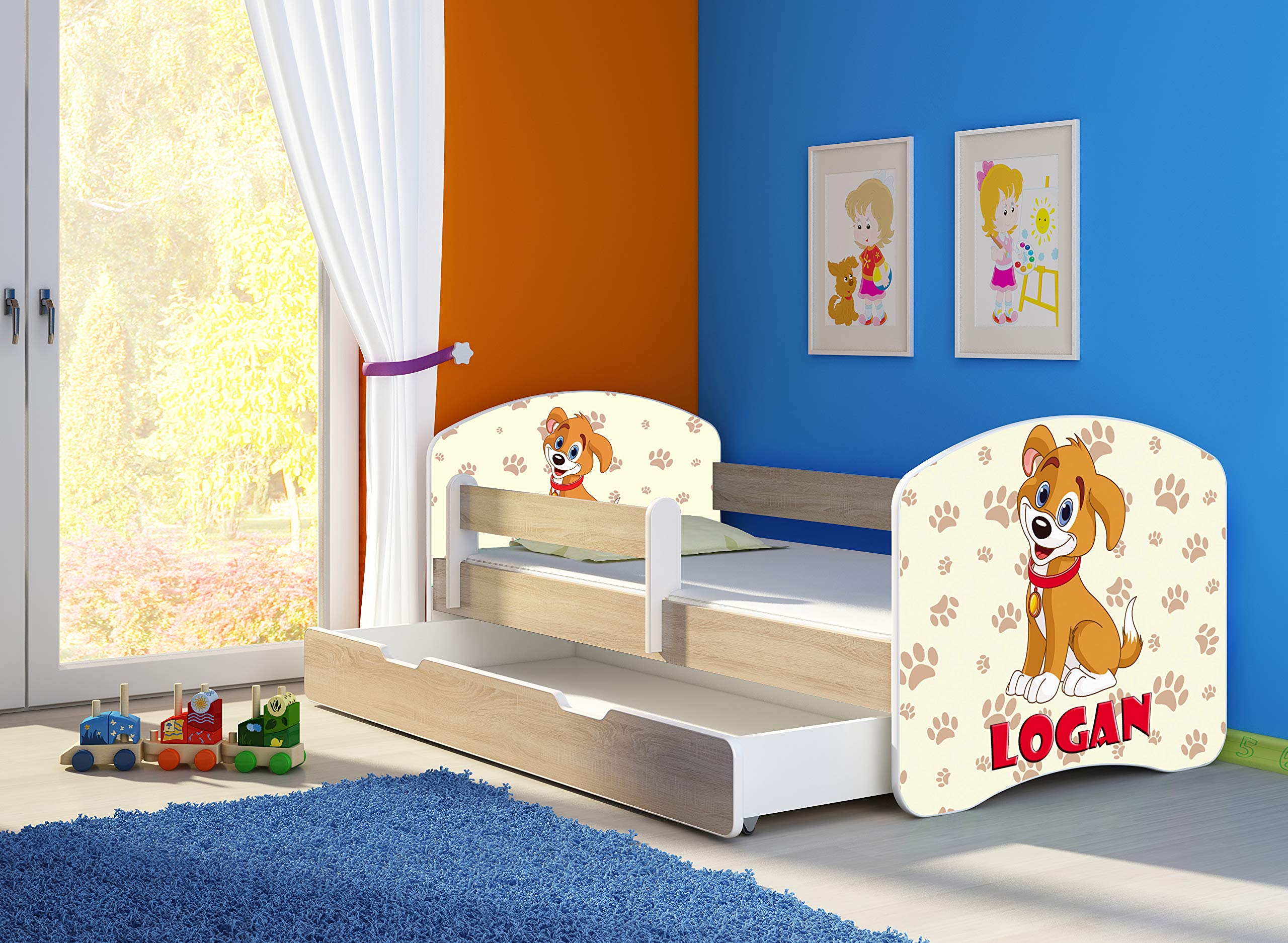 ACMA Kinderbett 140x70 mit Schublade und Matratze, Sonoma Rausfallschutz Lattenrost Spielbett