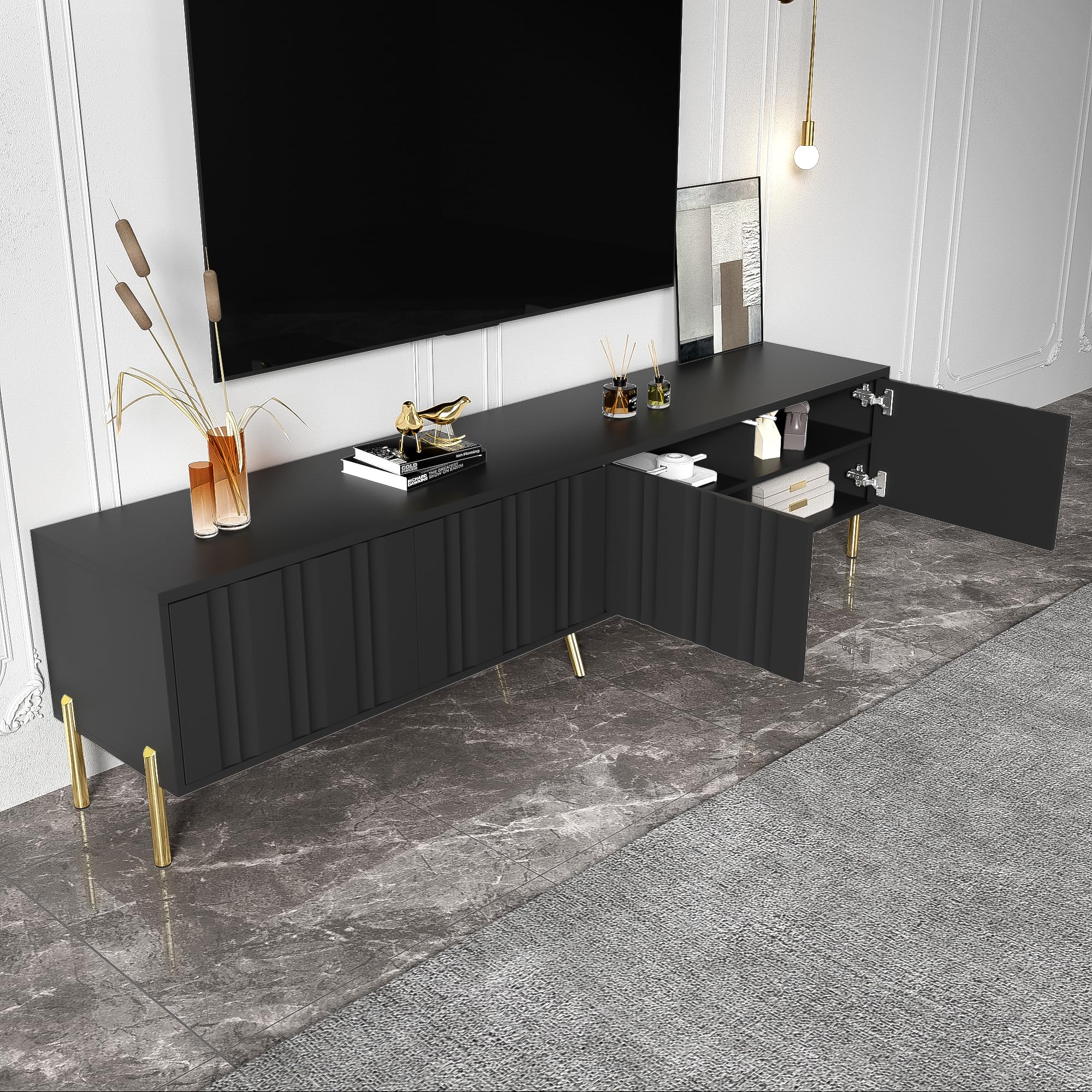 Mobile TV con 4 ante e gambe del tavolo dorate mobile TV 190 cm(L) x 38 cm(L) x 48 cm(H) credenza TV per soggiorno sala da pranzo camera da letto mobile TV Nero
