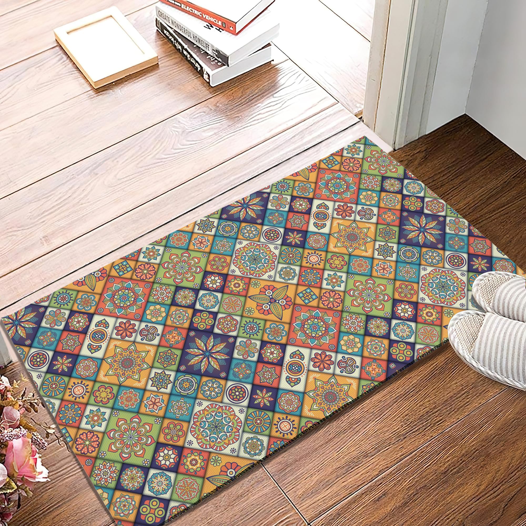 SPUNKER Welcome Mat Boho Geometric Floral Indoor/Outdoor Entrance Mat, 17x30 Inch