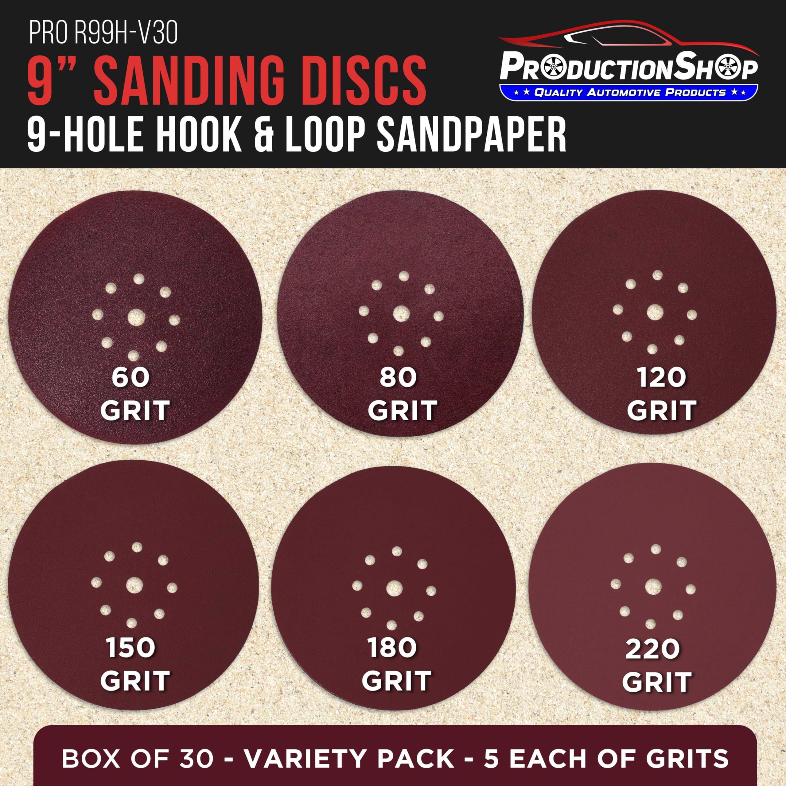 ProductionShop Discos de lijado de 9 agujeros rojos de 9 pulgadas, paquete variado de 30 discos, granos 60, 80, 120, 150, 180, 220, papel de lija sin polvo para lijadora eléctrica de paneles de yeso,