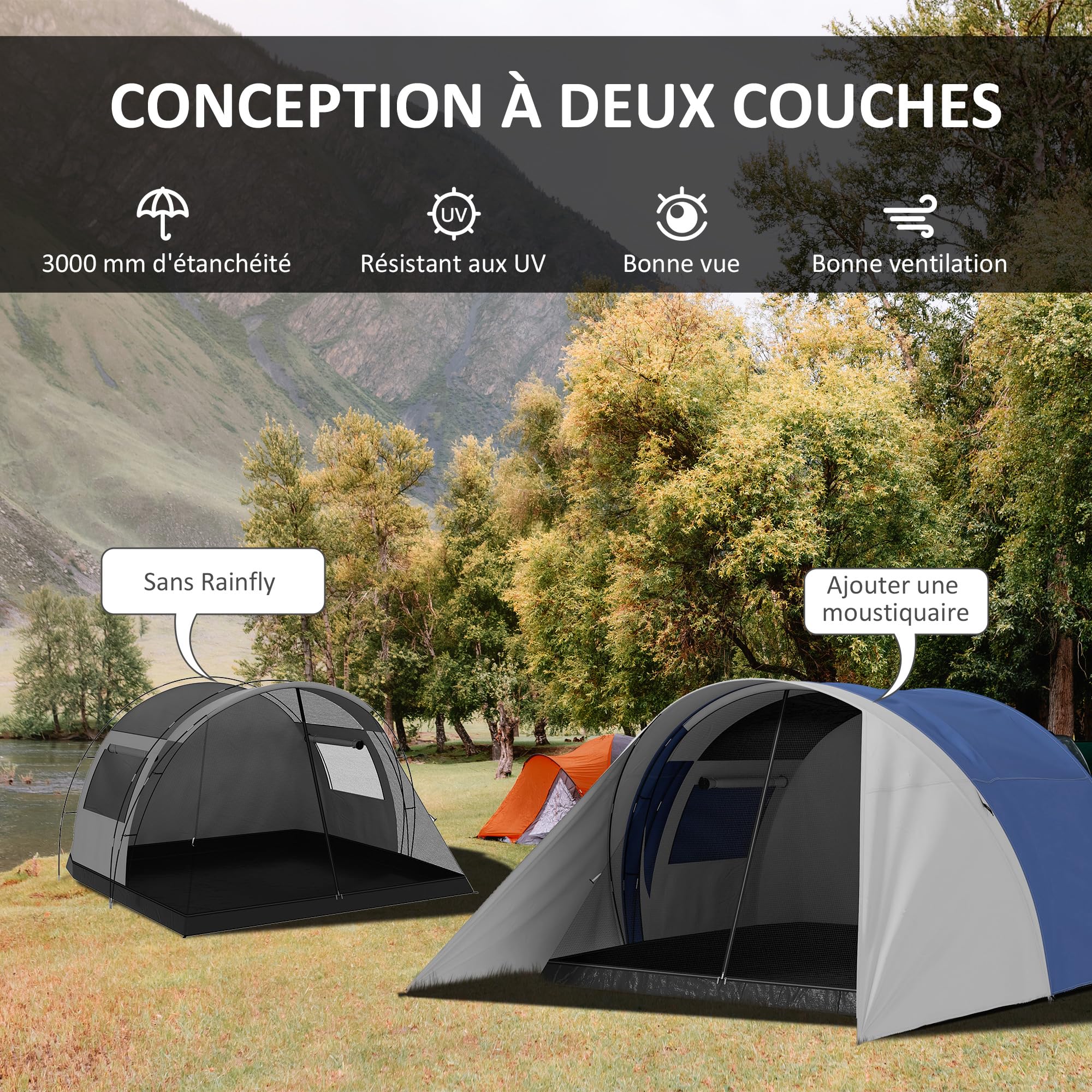 Outsunny Tente de Camping familiale 3-4 Personnes avec Double Toit 3000 mm et Sac de Transport, Tente Tunnel étanche légère ventilée Facile à Monter, dim. 390L x 315l x 188H cm