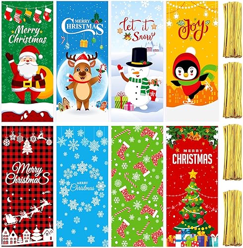 160 bolsas de celofán de Navidad con 200 bolsas de regalo de Navidad, bolsas de golosinas de Navidad, bolsas de golosinas de Navidad para regalos de