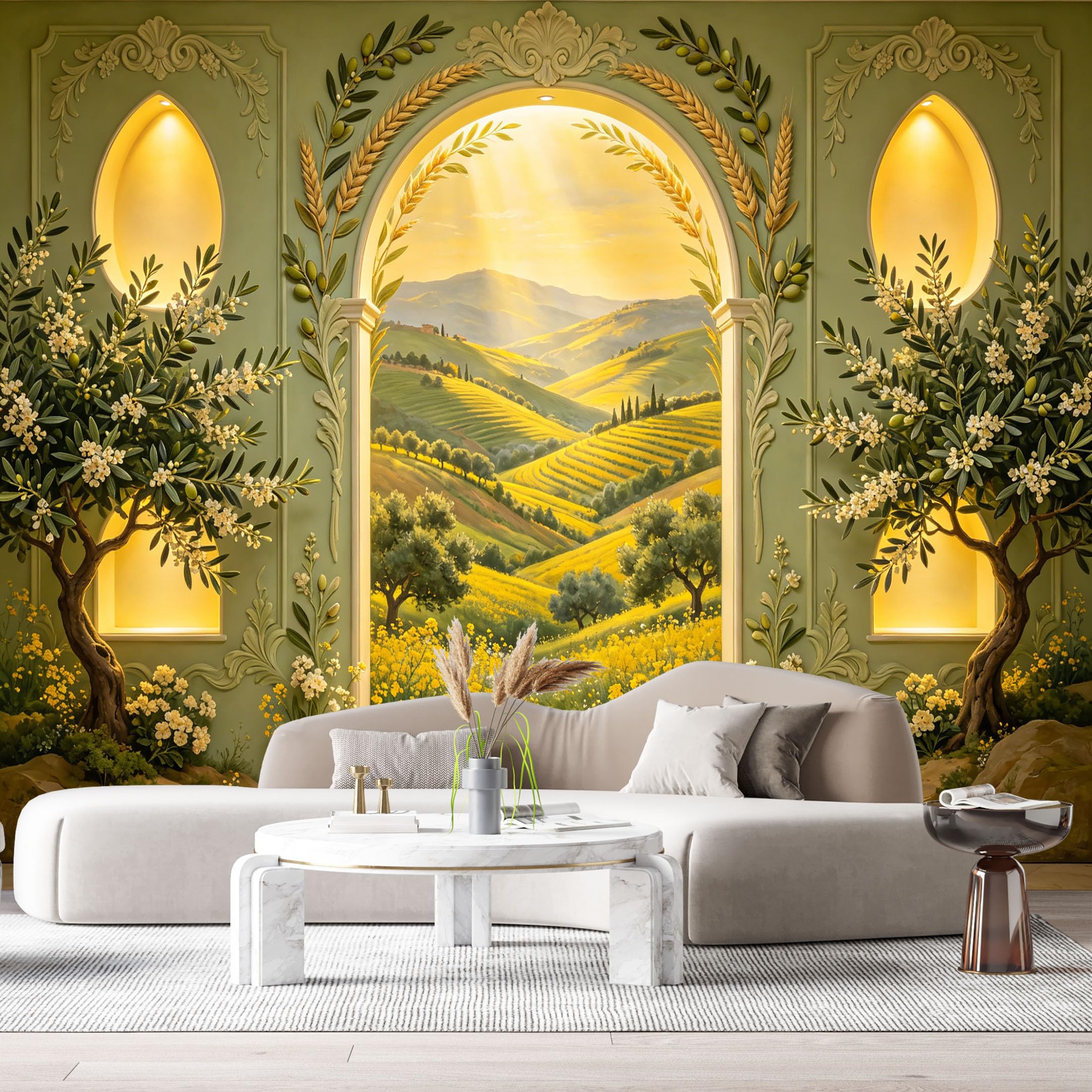Custom Size Wall Murals Neoclassical Landscape Oil Painting Wheat Garland 3D Trompe L'Oeil SelfAdhesiveWall Fabric Removable Wallpaper Wall Decor for Living Room Bedroom Bathroom