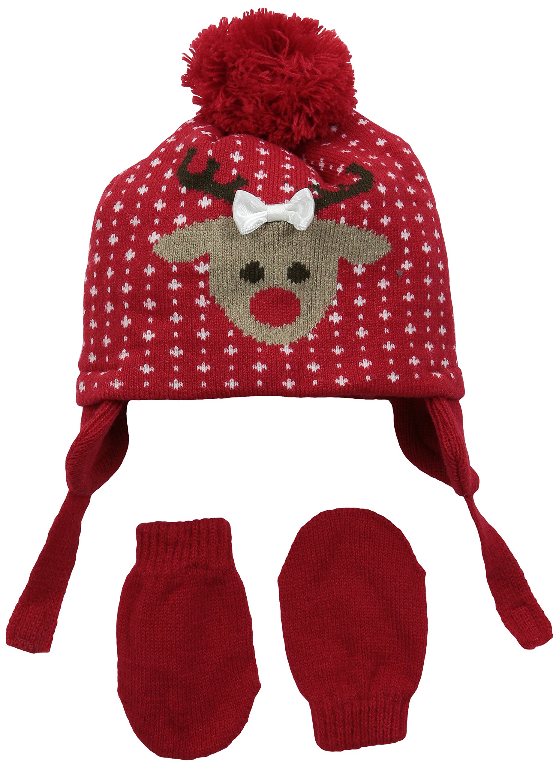 Aquarius Baby Infant Reindeer Trapper with Pom and Magic Mitten Set, Red, One Size