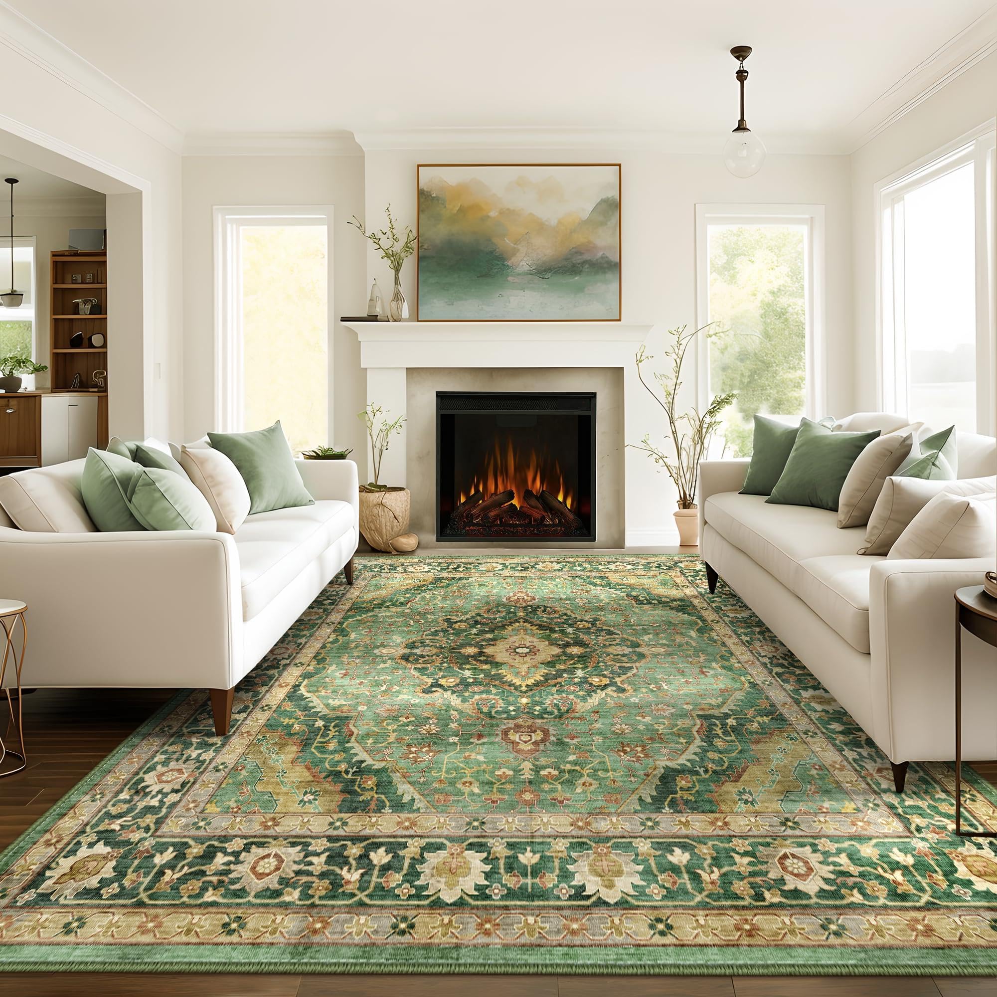 Grüner Teppich, Teppich für Wohnzimmer und Schlafzimmer, waschbarer orientalischer Teppich im Vintage-Stil, rutschfeste Teppiche, Teppich im Used-Look für Esszimmer (Bordüre), 120 x 170 cm
