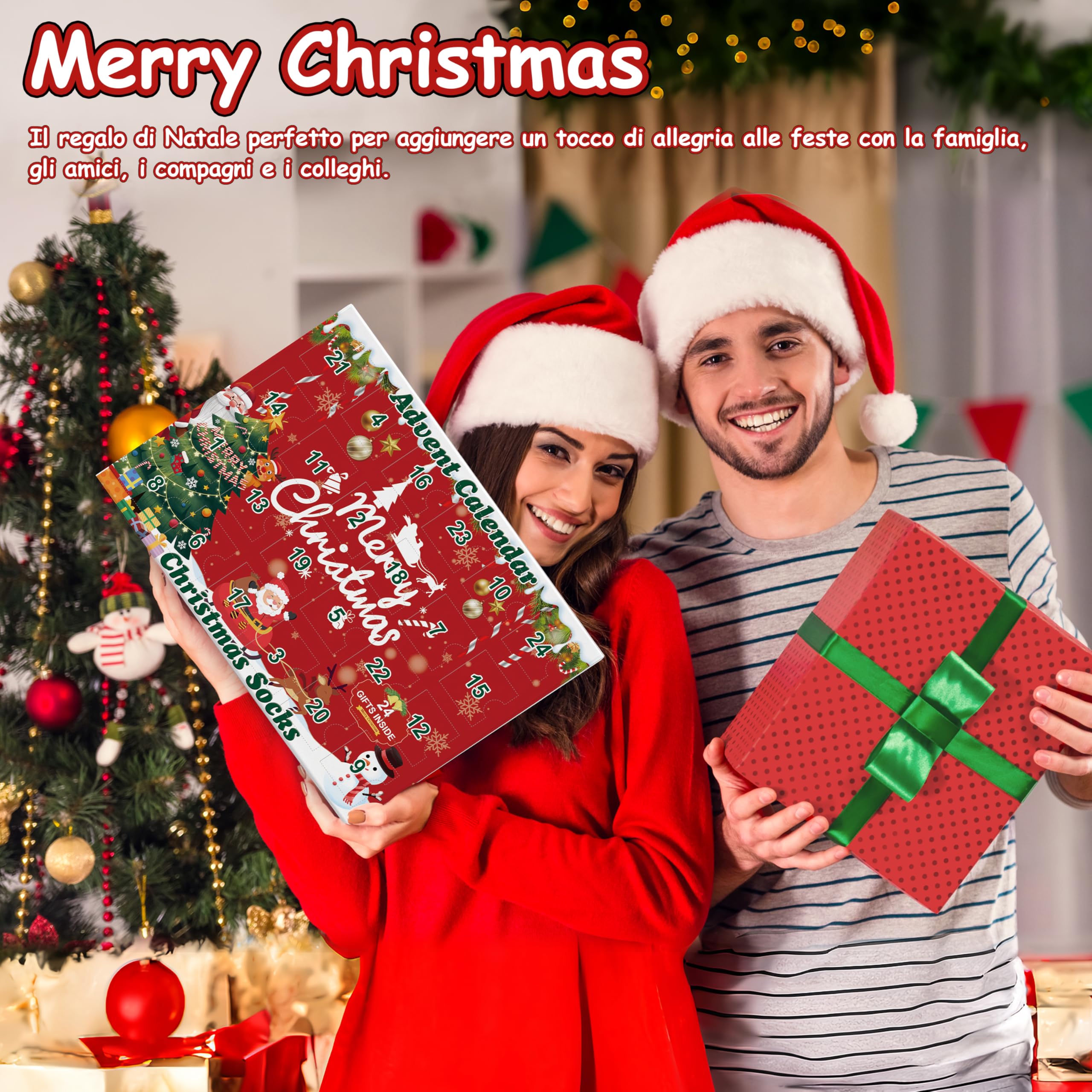 MOMOSTAR Calendario Avvento Donna 2025, 24 Paia Calzini Natalizi, Calendario dell'Avvento 2025, Cotone Calze Natale con Renne Babbo Natale, Regali Natale per Adulti Donna Uomo