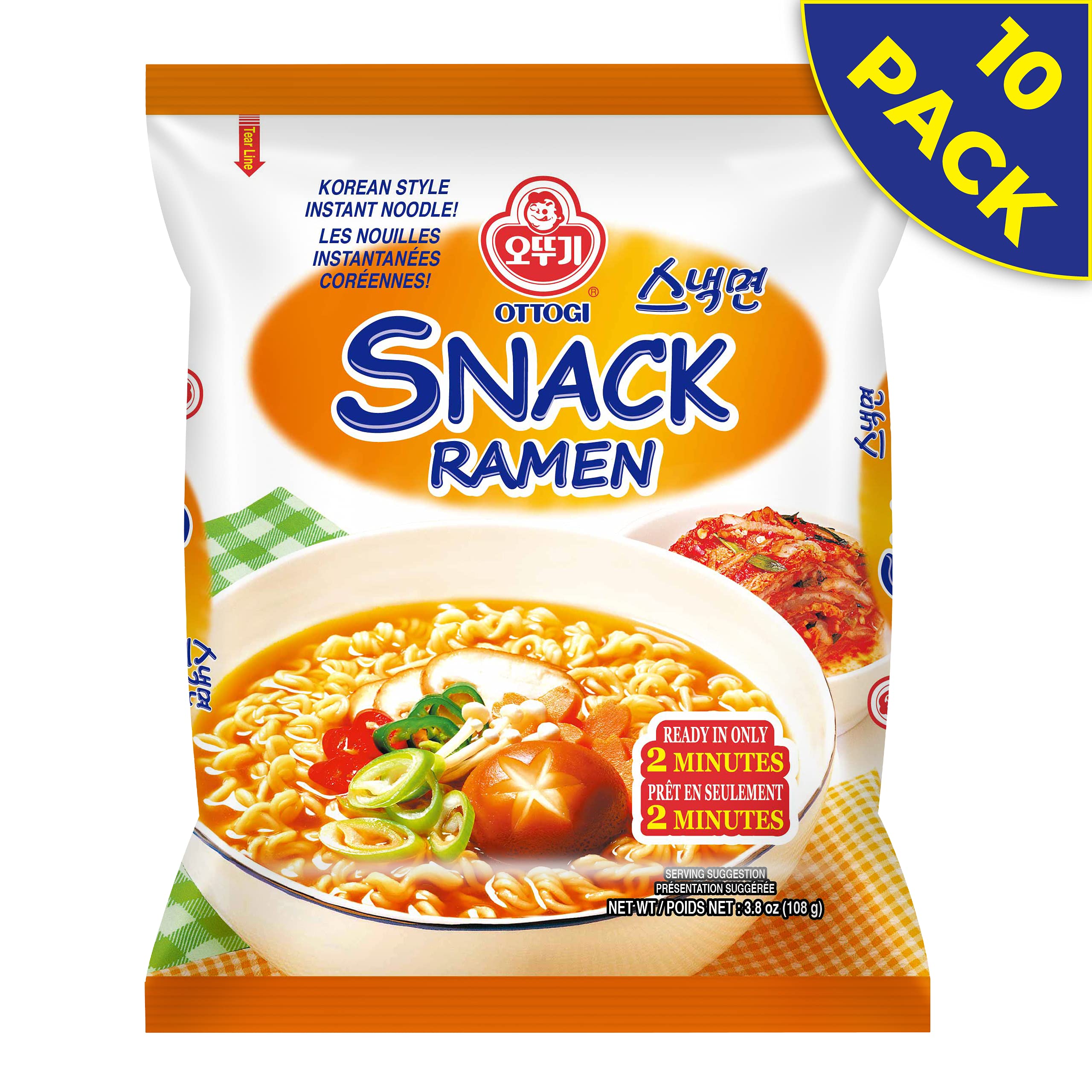 OTTOGI SNACK RAMEN, KOREAN STYLE INSTANT NOODLE, Traditional Instant ramen, Thin Noodle and Mild Flavor (3.8oz) - 10 Pack…