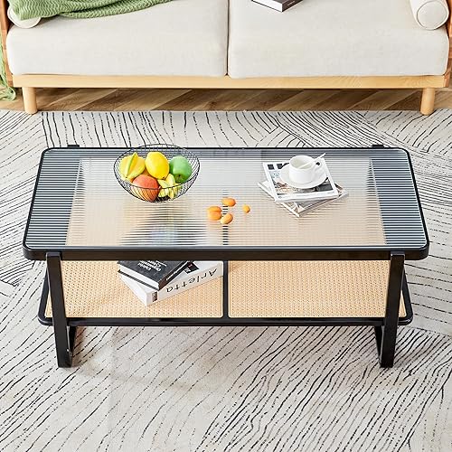 Miniatura 3 de Mesa de centro rectangular moderna de ratán de vidrio, mesa de té de doble capa, mesa auxiliar de madera maciza, mesa rectangular pequeña para sala