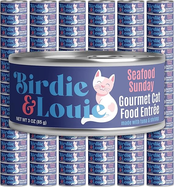 Birdie & Louie Seafood Sunday Tuna and Shrimp Wet Cat Food Gourmet Entrees, Flakes in Broth, 3oz. (96 Cans)