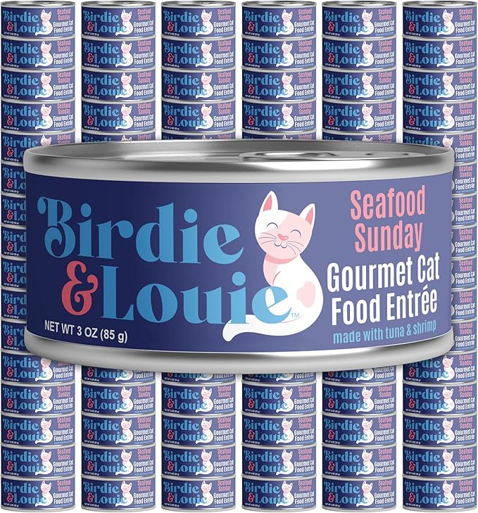 Birdie & Louie Seafood Sunday Tuna and Shrimp Wet Cat Food Gourmet Entrees, Flakes in Broth, 3oz. (96 Cans)