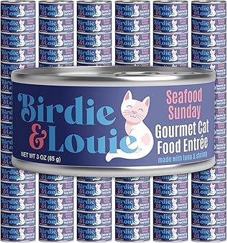 Birdie & Louie Seafood Sunday Tuna and Shrimp Wet Cat Food Gourmet Entrees, Flakes in Broth, 3oz. (96 Cans)