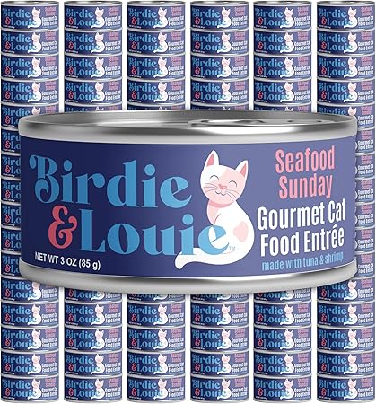 Birdie & Louie Seafood Sunday Tuna and Shrimp Wet Cat Food Gourmet Entrees, Flakes in Broth, 3oz. (96 Cans)