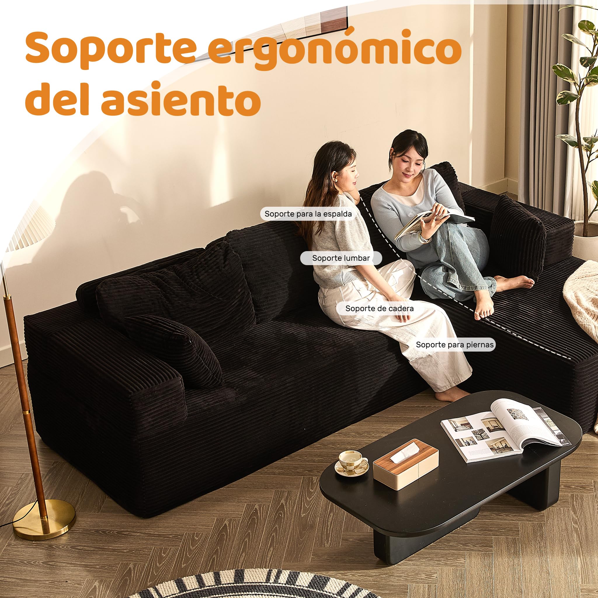272 cm Sofá Chaise Longue 3 Plazas Modular sin Montaje, Pana, Negro | Configuración Flexible, Asiento Profundo, Espuma de Alta Densidad, Cojines de Respaldo, Para Salón