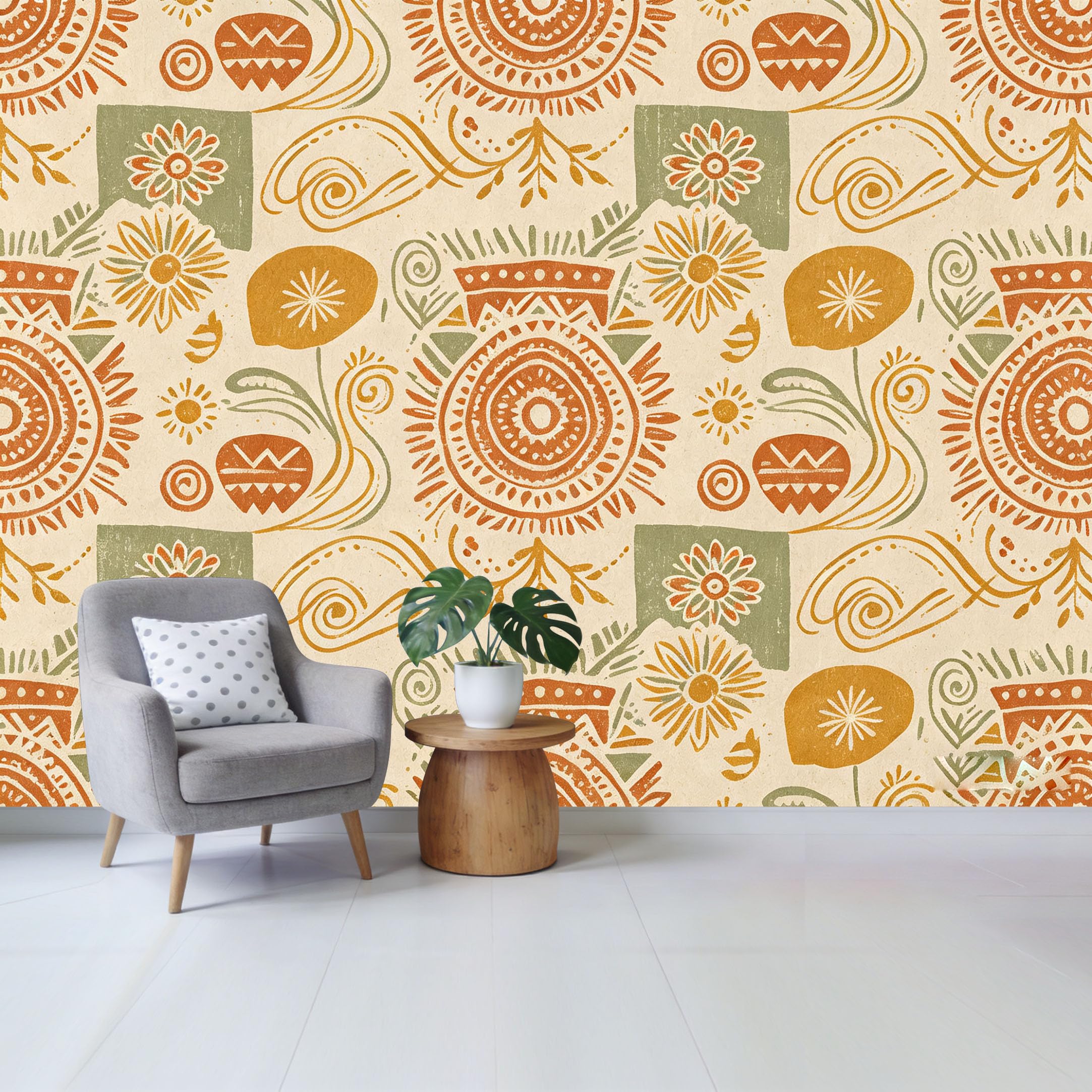 Qzlithotic Yq2605250173 Custom Size Wall Mural Bohemian Tribal Geometric Floral Pattern Retro Textured Art Selfadhesive Wall Fabric Removable Wallpaper For Home Office Decor