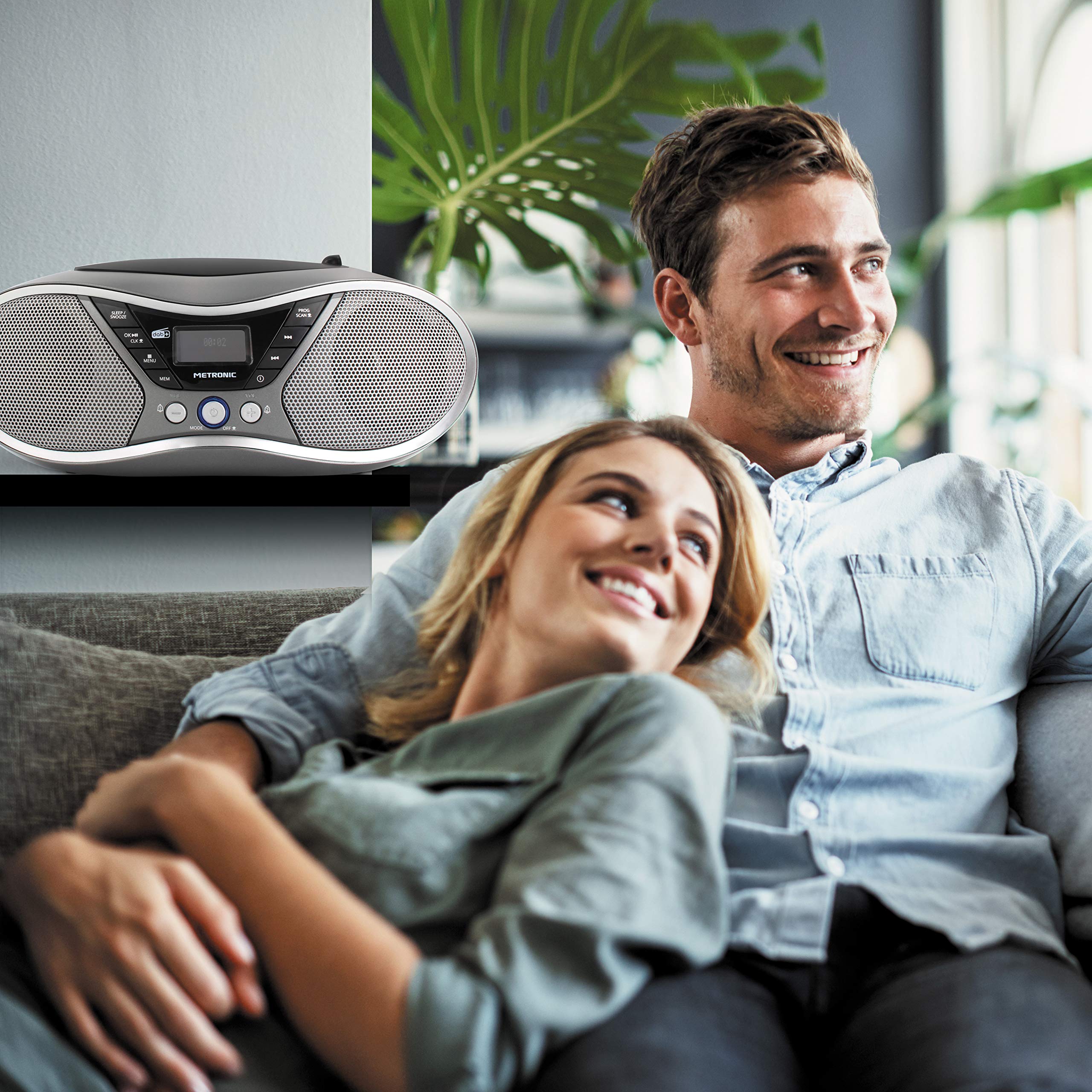 METRONIC 477171 Lecteur CD MP3 numérique DAB+ et FM RDS avec port USB, entrée audio, sortie casque, fonction double alarme - Gris et Noir