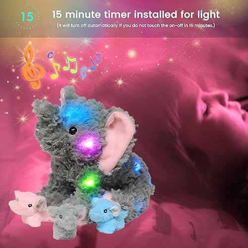 Miniatura 8 de Hopearl Juguete de peluche musical con luces LED de peluche para cantar y cantar con 3 elefantes de bebé en su barriga volumen ajustable canción de