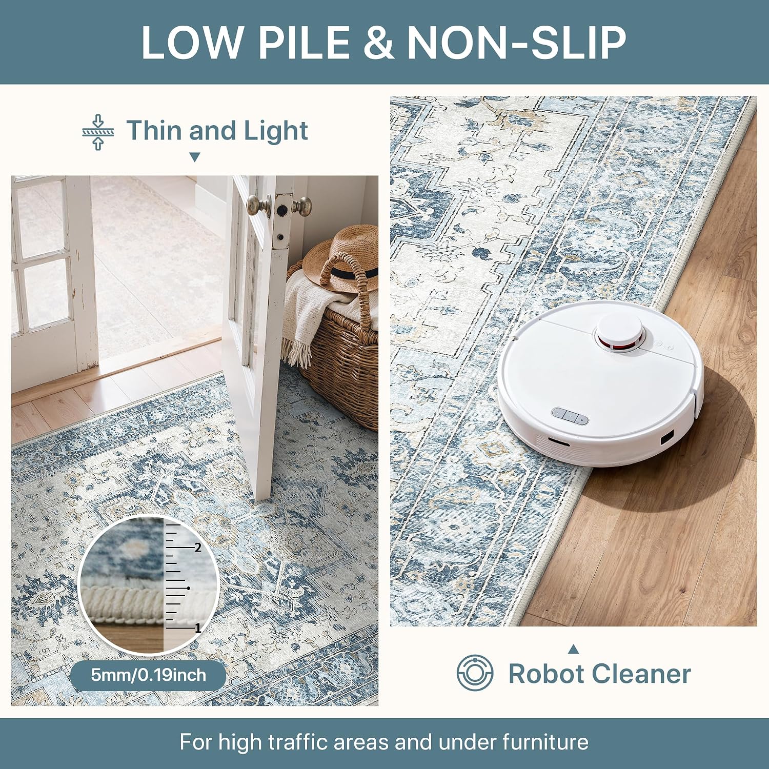 Runner Rug 2'6''x6, Non Slip Vintage Hallway Runner Rugs, Machine Washable Runners, Low Pile Lightweight Mat for Entryway, Hallway, Kitchen and Corridor, Blue