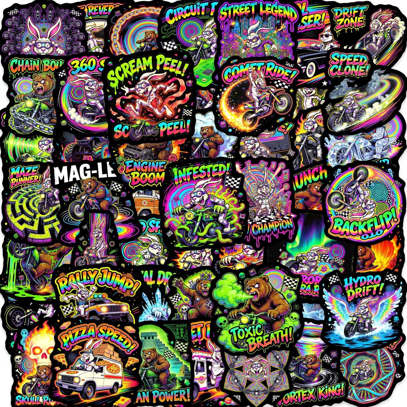 Lylsdsb Neon Animal Racing 50Pcs Stickers Retro Skate Vinyl Decals For Laptops Skateboards Luggage Helmets Bikes And Phones Fans Lovers And Edgy Vibe Enthusiasts
