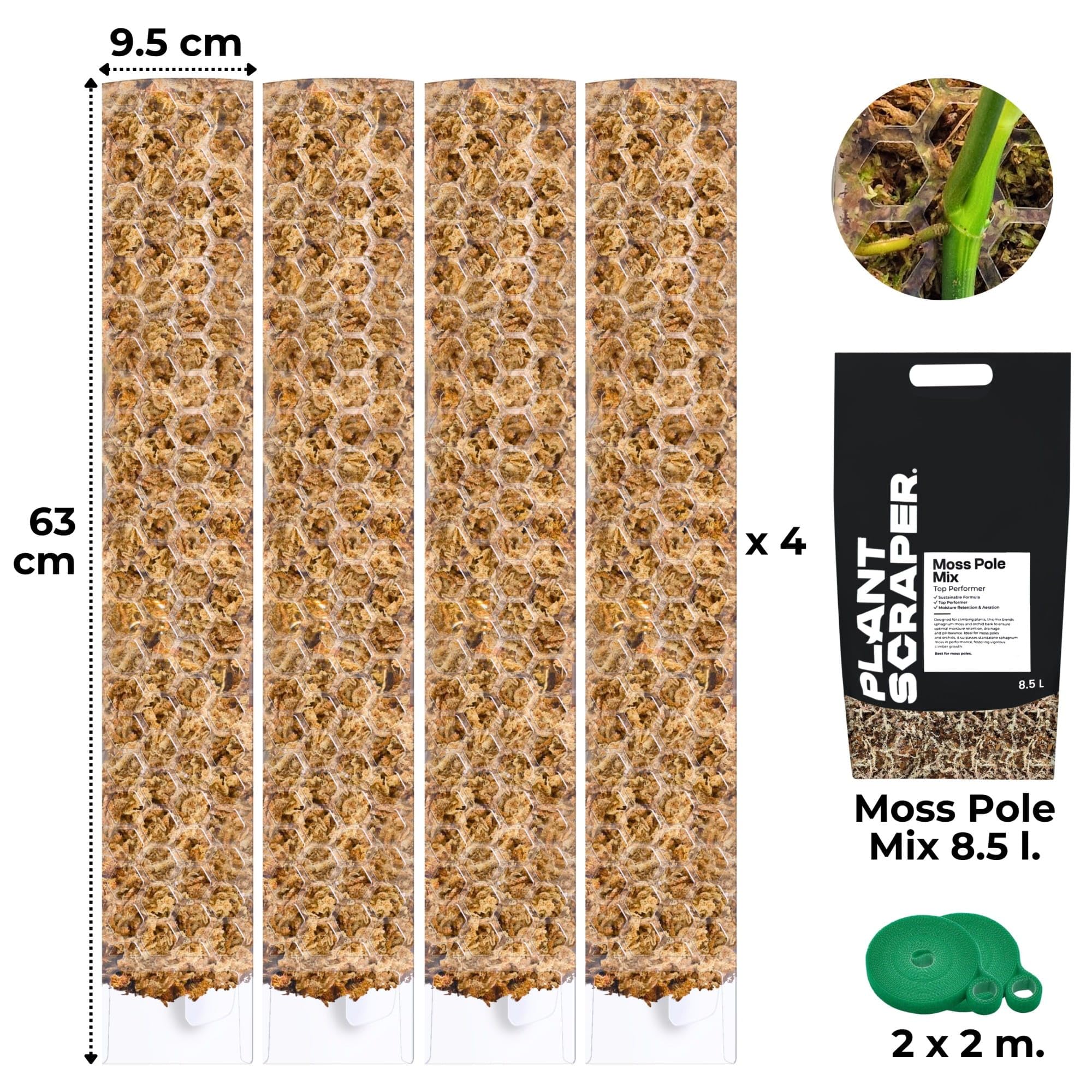 Tutore in Muschio XL per Monstera 4 Pezzi 63 x 9,5 cm - Supporto Estensibile e Set Accessori - Pali per Piante con Velcro e Substrato Speciale di Muschio - Ottimizzato per Aroidi
