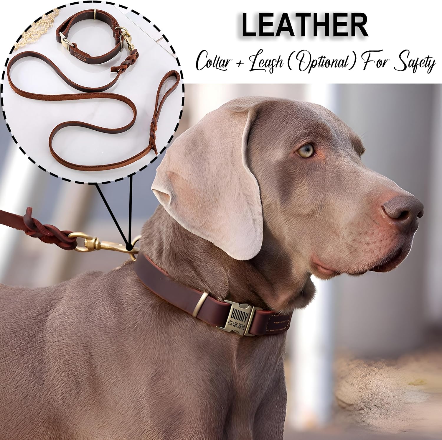Leather Collar Personalized for Pets Custom Dog Collar with Engravable Nameplate Breathable Collar with Durable Quick Release Buckle for Small Medium Large Dog (L:Neck 16-25",Width 1.0", Mocha)