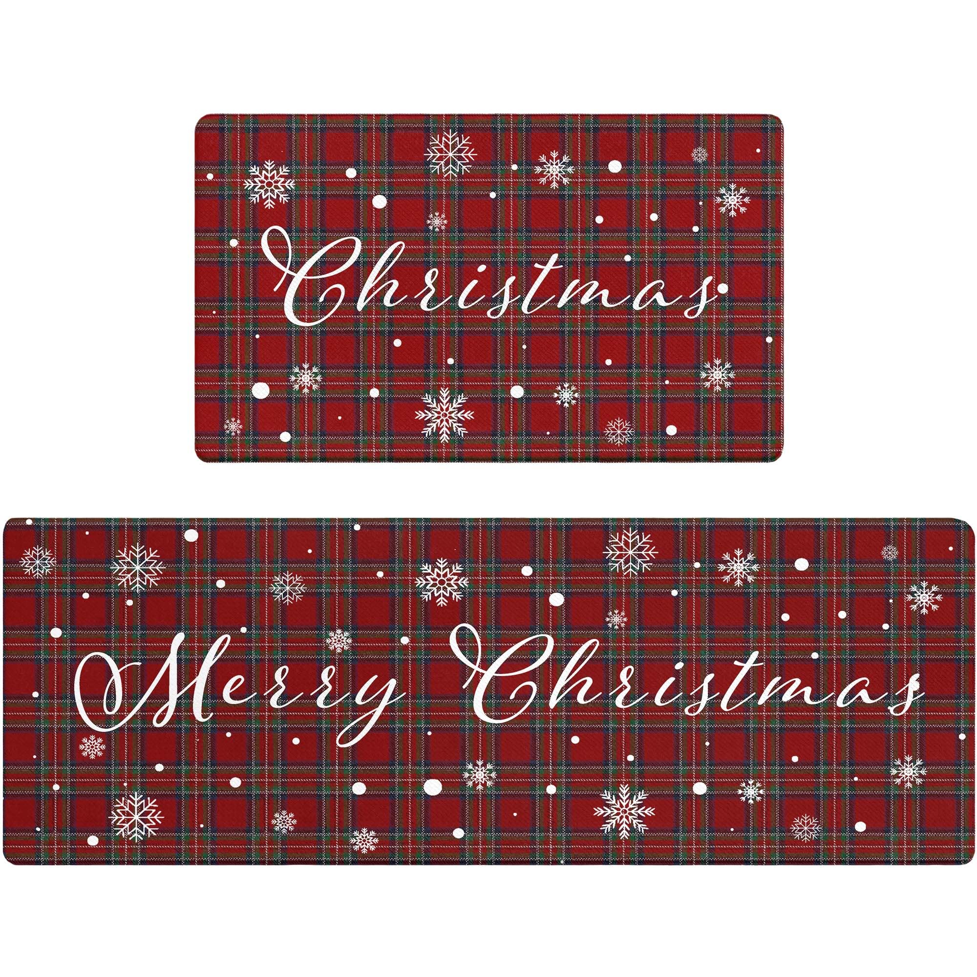AMM Christmas Kitchen Rugs Set of 2, Buffalo Plaid Xmas Kitchen Mats for Floor Anti Fatigue, Winter Snowflake Merry Christmas Kitchen Decor, Non Slip Cushioned Memory Foam Kitchen Floor Mat