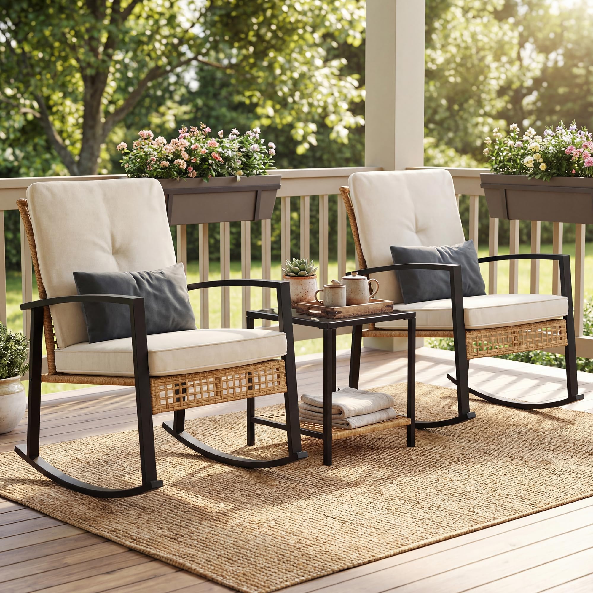 ROCSUMOO Outdoor Rocking Chair Bistro Set 3 Pieces, PE Rattan Garden Furniture Set with Cushions&Pillows&Glass Coffee Table, Anti-Slip &Ergonomic Rocking Chairs for Patio, Porch, Balcony, Conservatory