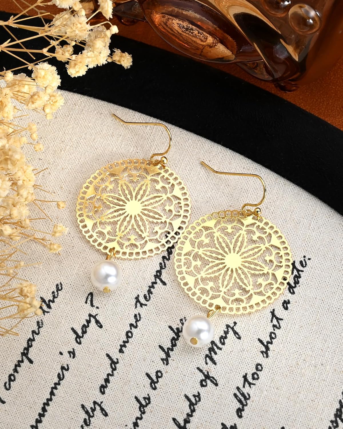 14K Gold Plated Filigree White Pearl Circle Disc Pearl Dangle and Drop Lightweight Earrings for Women Bohemian Wedding Statement Vintage Earrings - Image 5