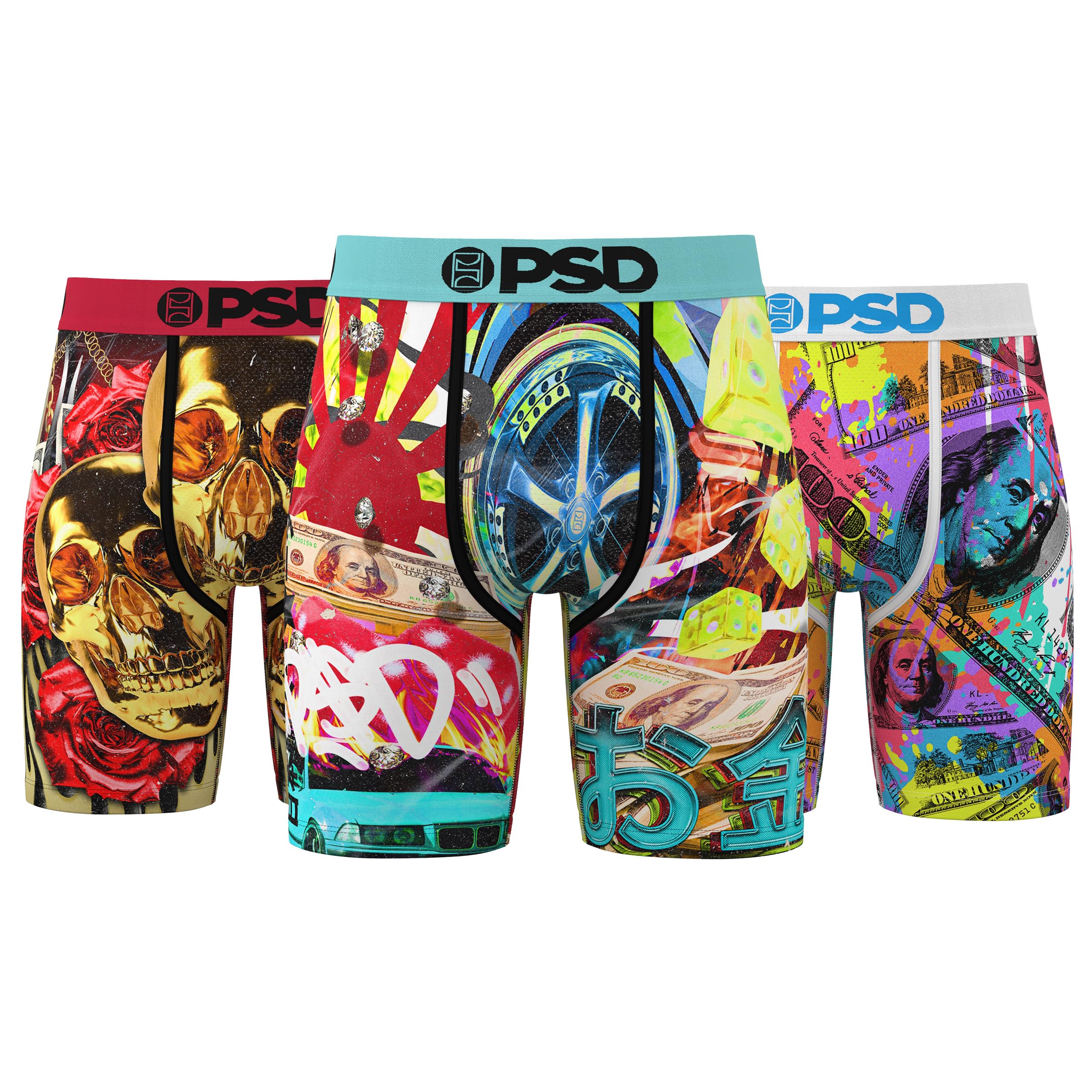 PSD Men's Gambling Print Boxer Briefs - 7 Inch Inseam Breathable and Supportive Men's Underwear with Moisture-Wicking Fabric, Money Moves 3-pack, XL