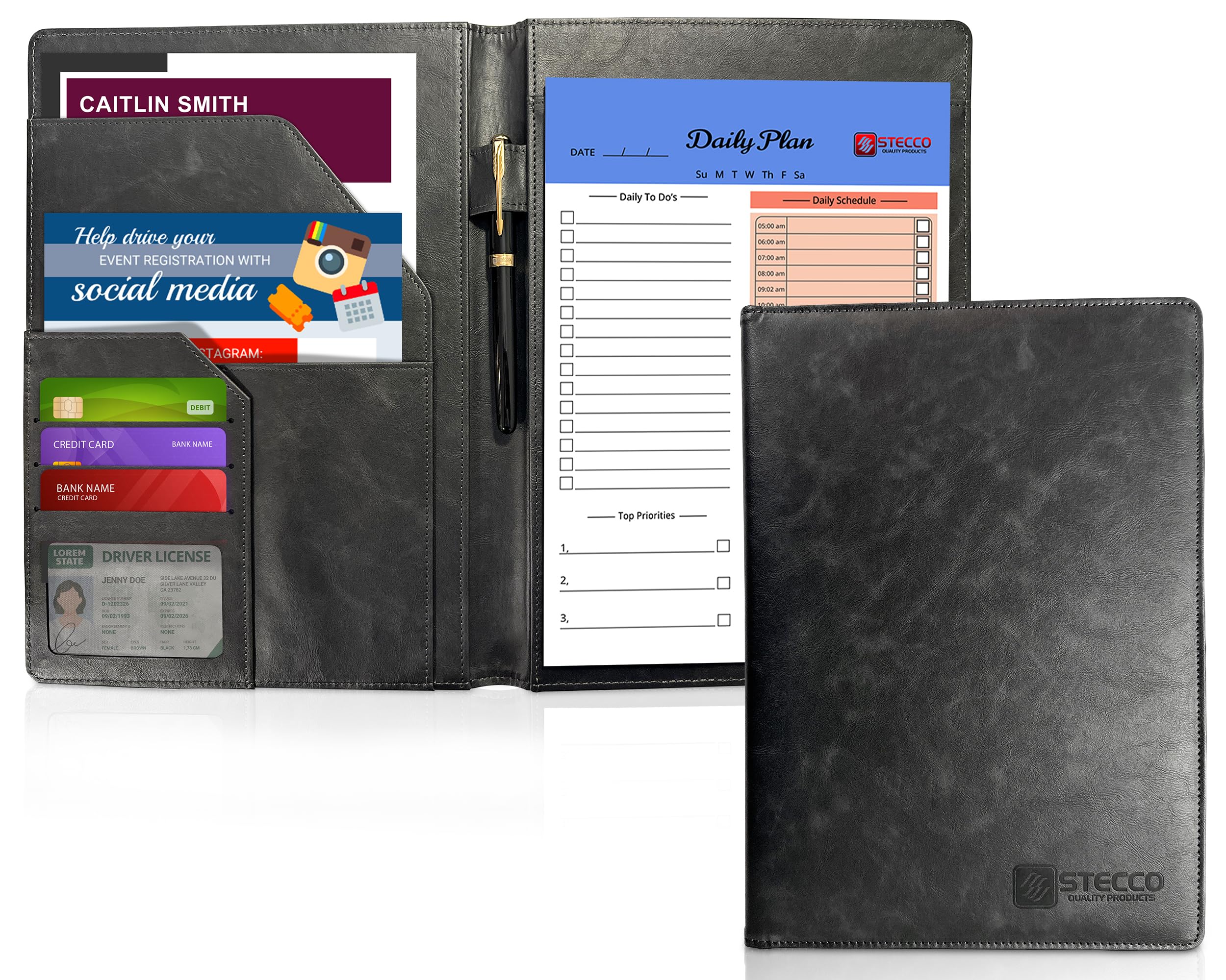 STECCO - Leather Padfolio with Daily to do List Work Pad, Leather Notebook Cover, Folio Document Organizer, Portfolio Folder with to Do List Workpad. A4 Soft Leather Padfolio.