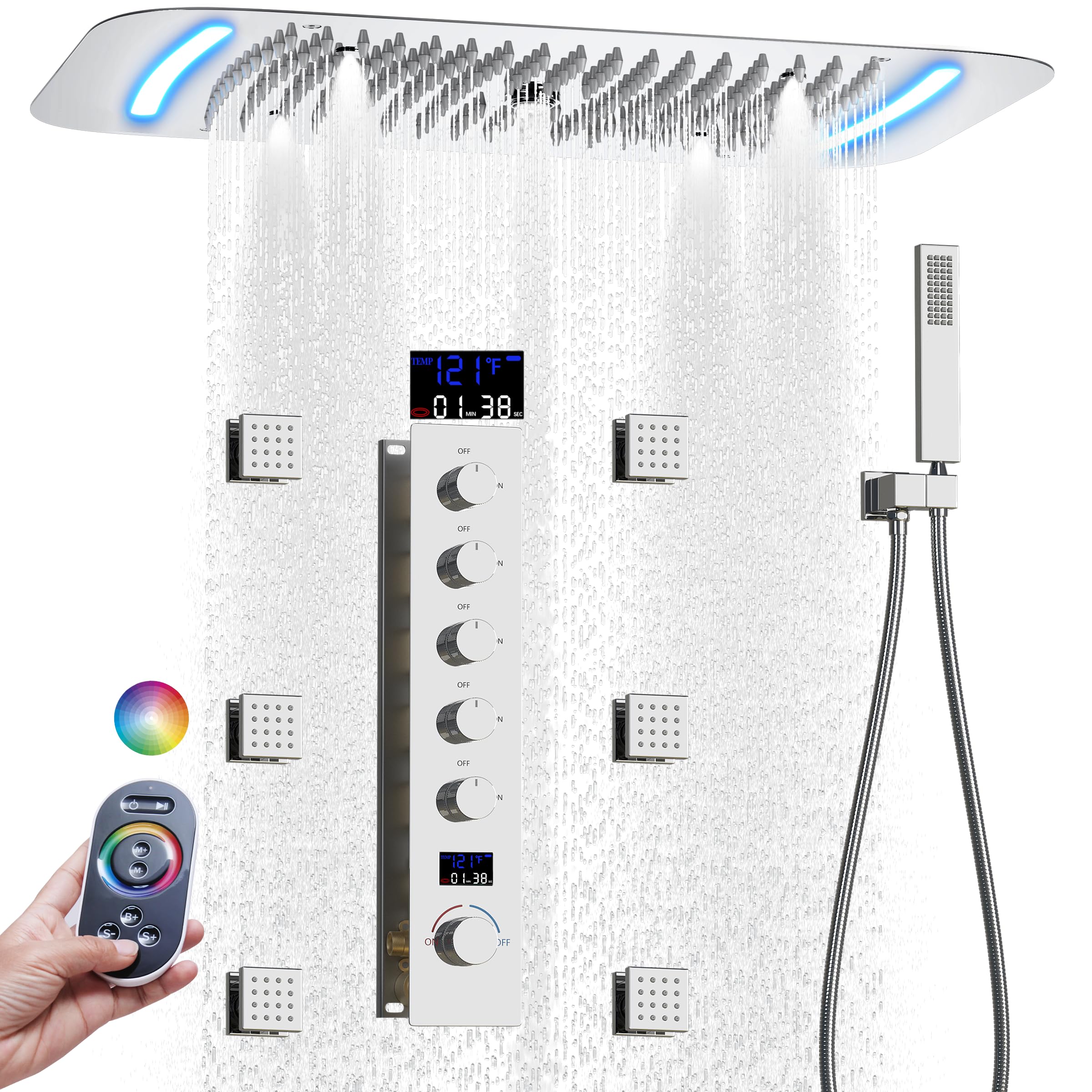 AYIVG Thermostatic Shower System - Brushed Nickel, 16x24" Rain Shower Head, 6 Body Jets, Temperature Display & Handheld