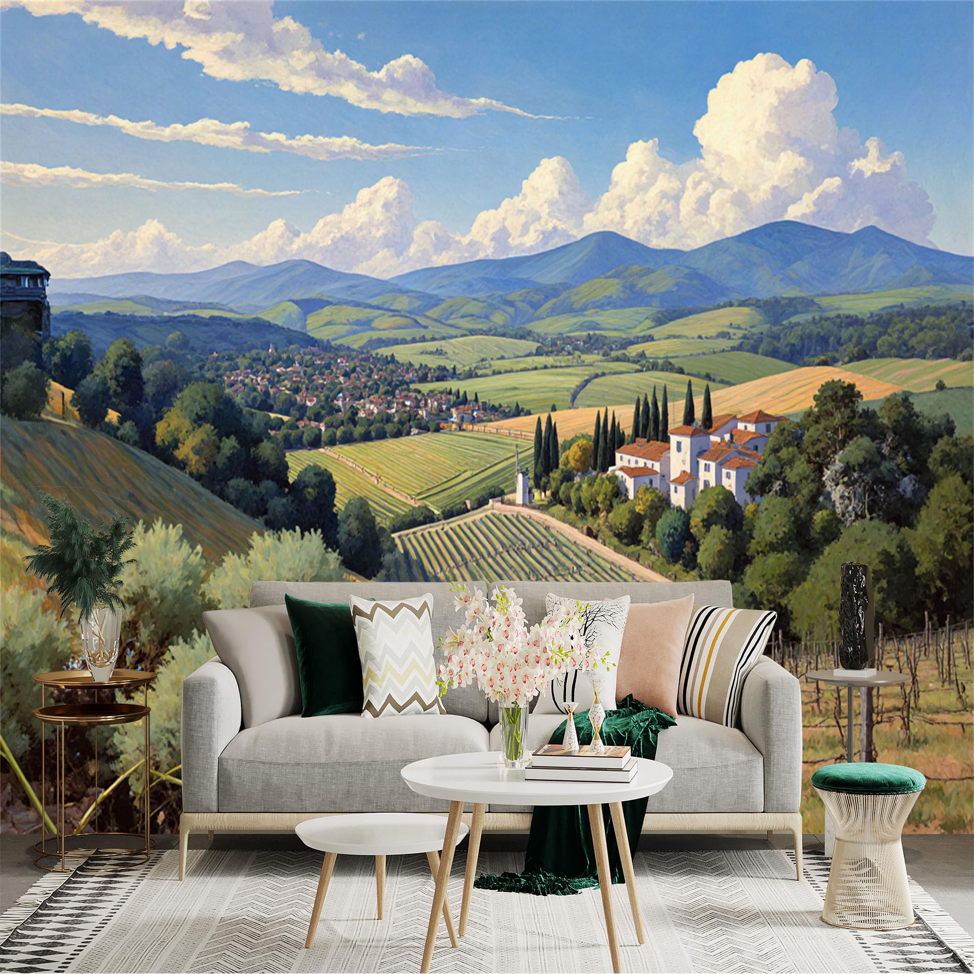 Lnzczhyre Xc260505297 Custom Size Wall Sticker Mural， Rolling Hills Of Vineyard， Countryside Landscape， Peaceful Rural Farmhouse， Sunny Valley View， For Wall Decoration， Peelandstick Wall Decals.