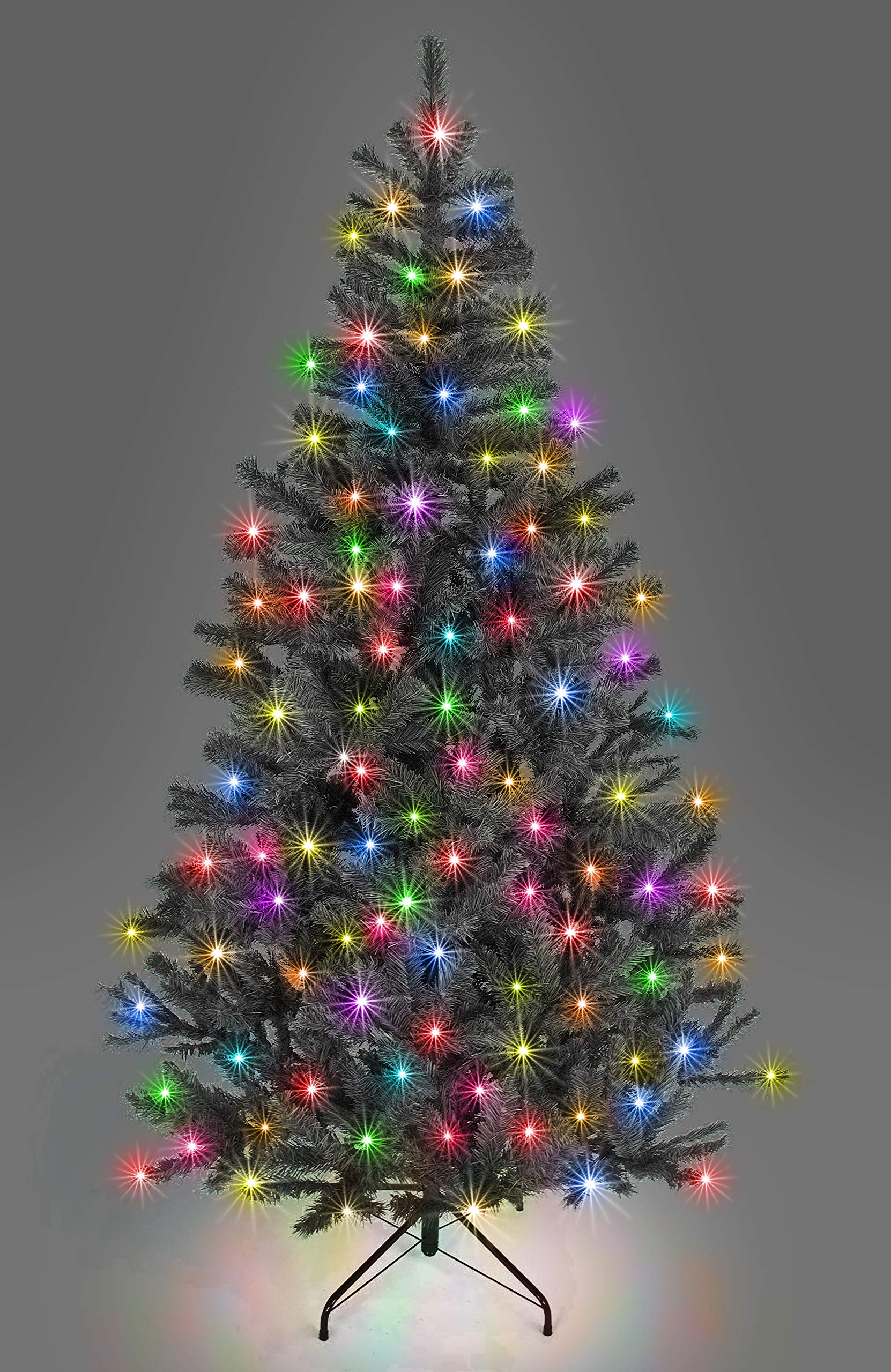 Shatchi Multicolour 7Ft/2.1M Pre-Lit Artificial Christmas Tree Alaskan Pine Black 800 Tips - 200 Leds Metal Stand Xmas Home Decorations