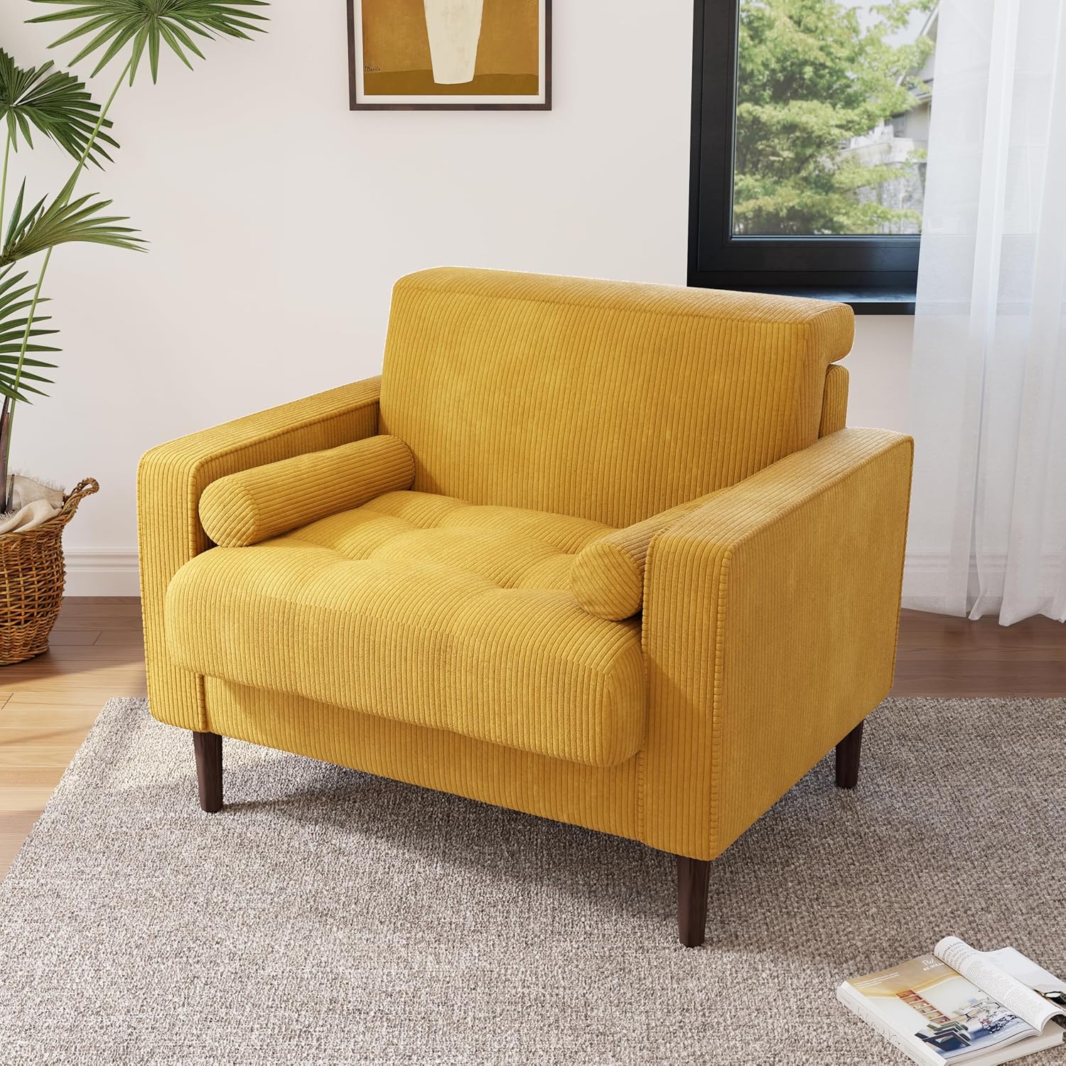 Lumibee Corduroy Accent Chair, Modern Upholstered Armchair with Large Seat for Living Room, Comfy Single Reading Sofa Chair for Bedroom-Yellow