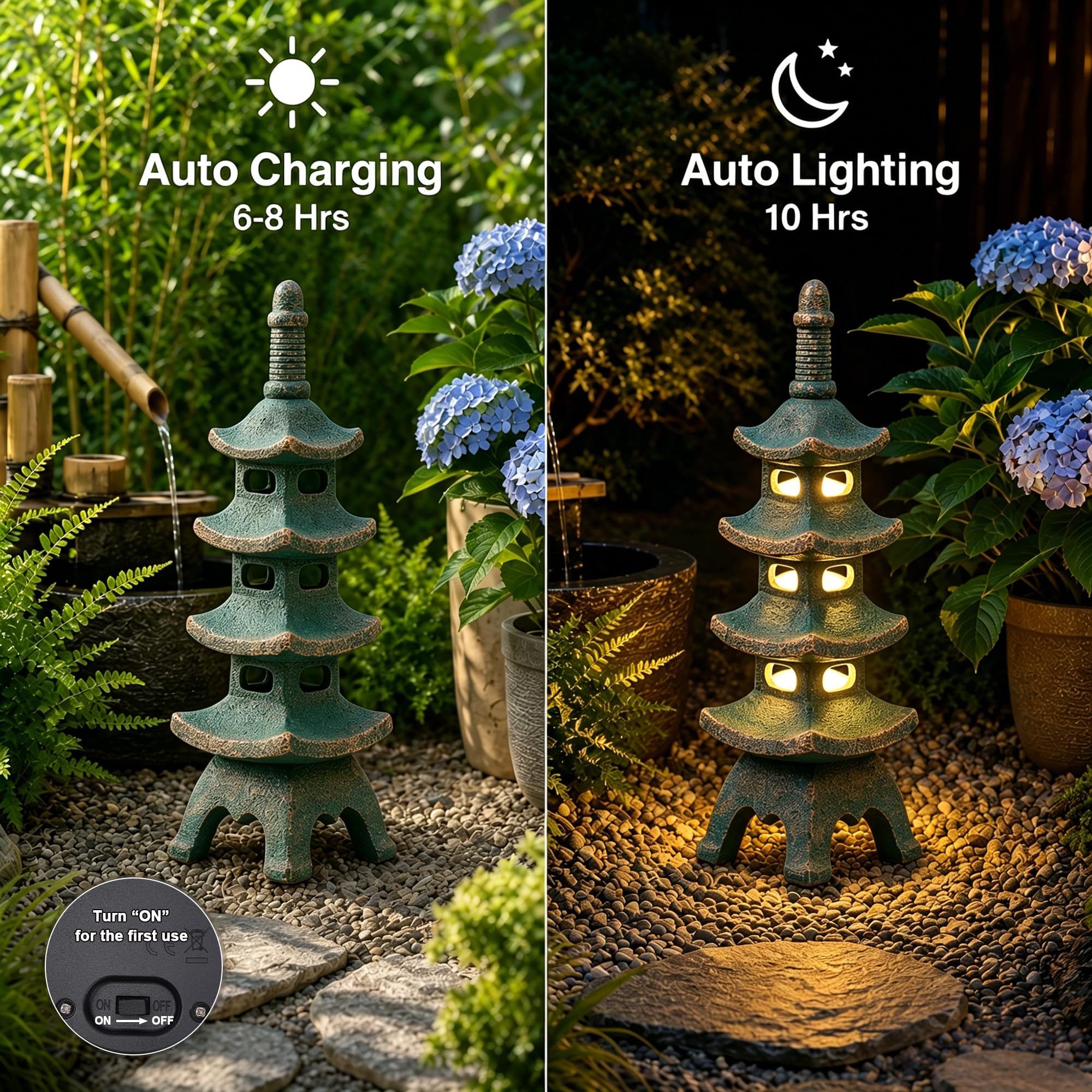 Nacome Statues de jardin de pagode solaire : 40 cm en résine imperméable multi-couches pour extérieur, décoration zen pour paysage, balcon, terrasse, porche, cour (bronze)