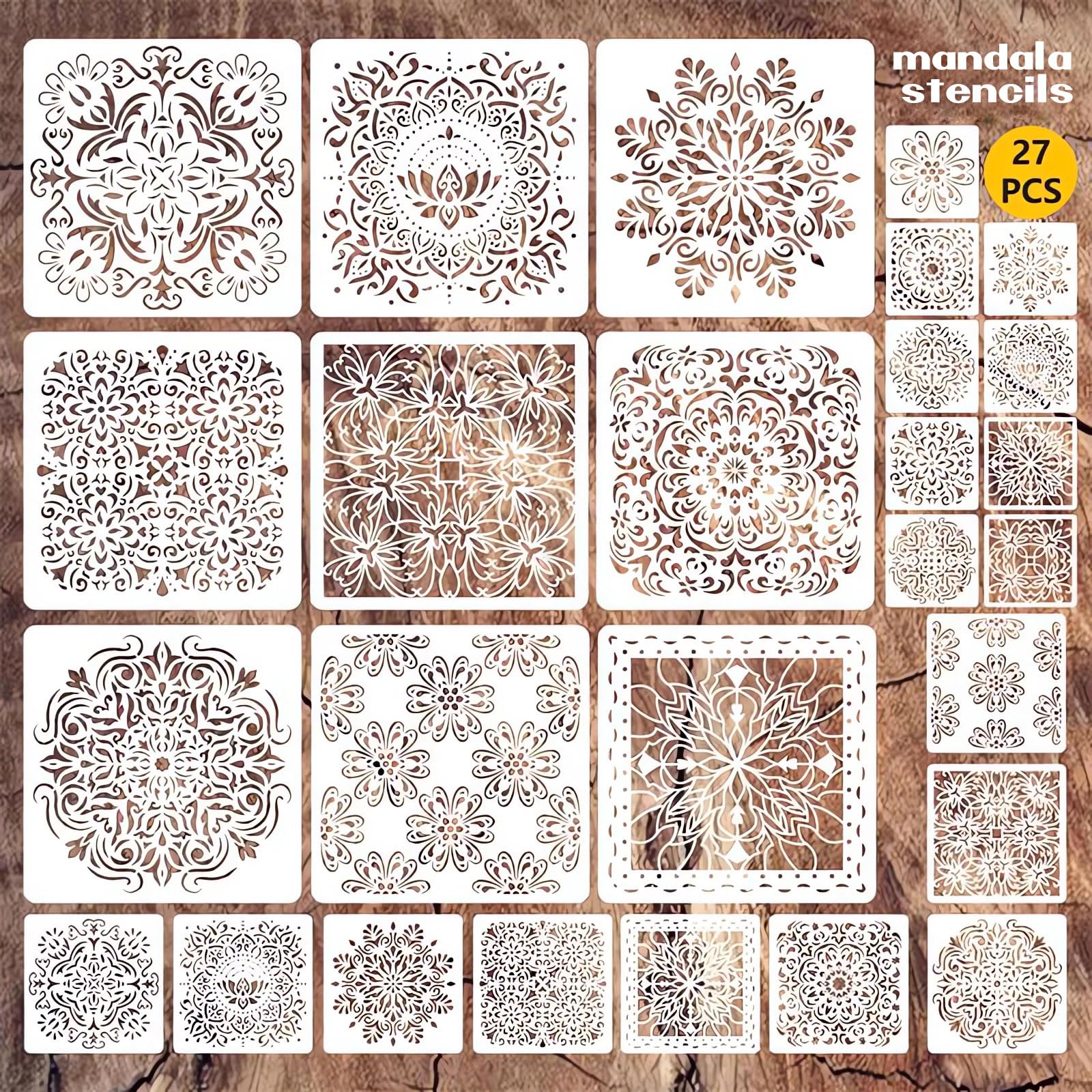 Mandala Stenils for Painting on Wood, 27Pcs Mandala Stencils for Crafts Small & Large Pattern, Plastic Reusable Rangoli Stencils for DIY Projects &