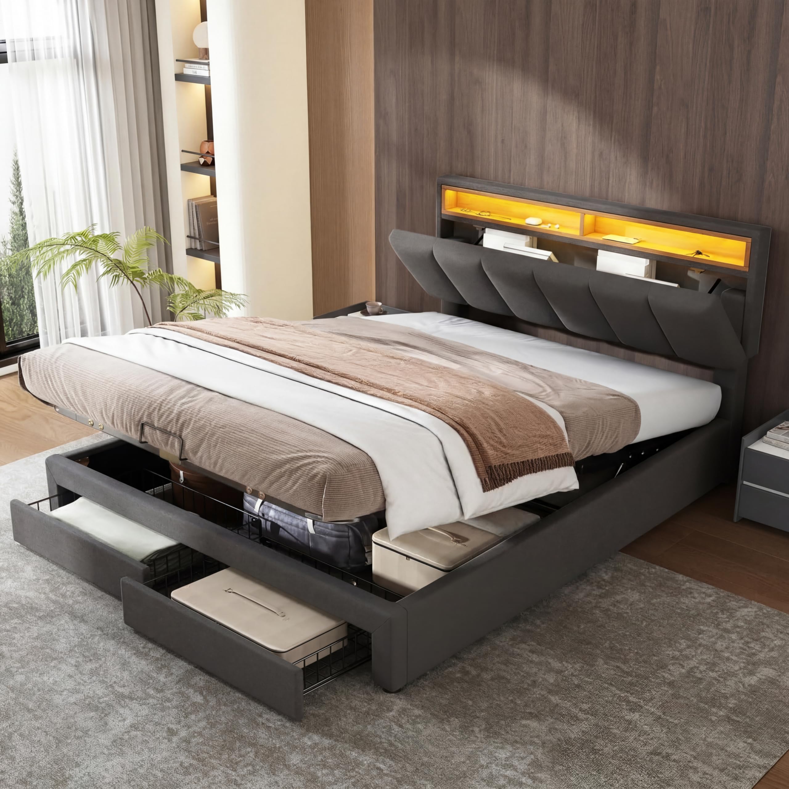 Cama con Almacenamiento HidráUlico 140x190,Cama Doble Tapizada con LED,Camas Acolchadas con 2 Cajones,Cama Funcional Juvenil,Camas Matrimoniales (Gris+Lino-A)