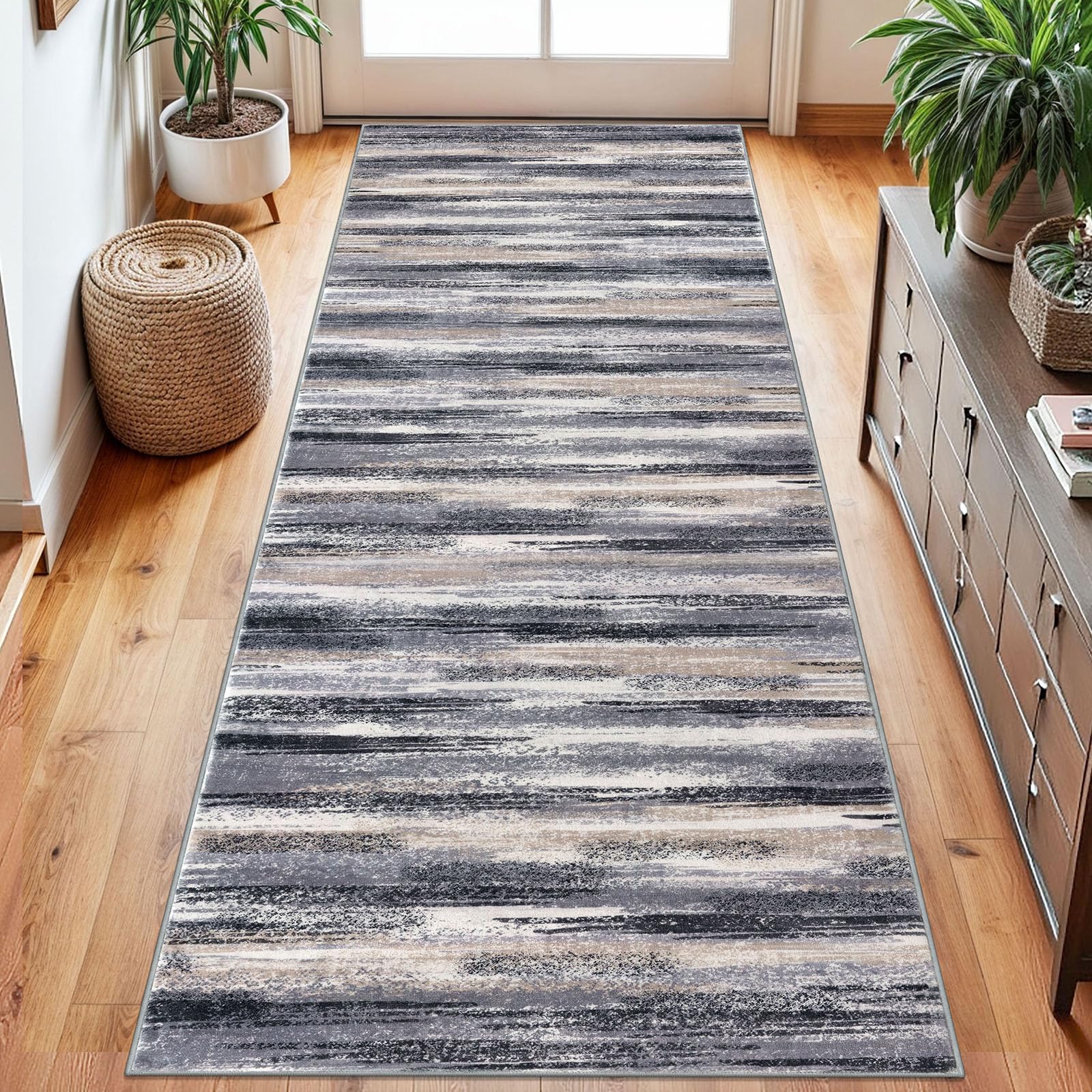 Lansny Modern Abstract Runner Rug 2.6x8, Grey Black Multi Washable Kitchen Runner Non-Slip Soft Hallway Rug Runner Thin Print Faux Wool Carpet for
