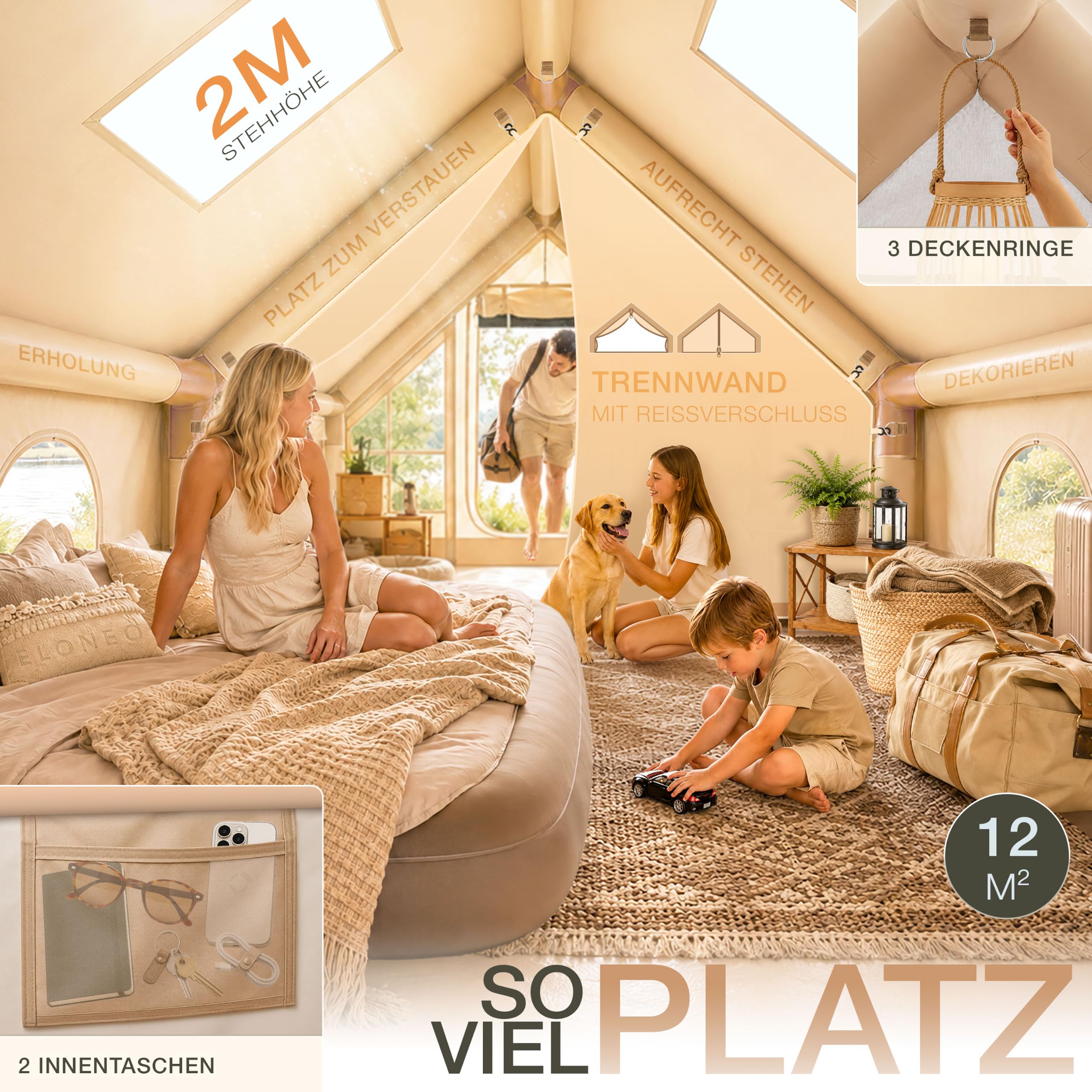 ELONEO aufblasbares Zelt für 2/4/6/8 Personen mit Dachfenster & Luftpumpe, Premium Glamping Zelt wasserdicht, Luftzelt, Inflatable Tent, Camping Zelt