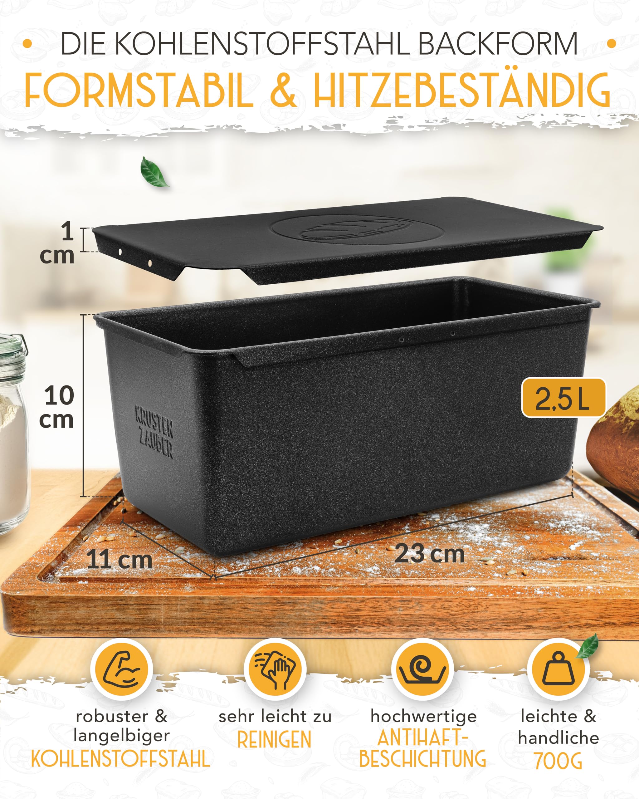 KRUSTENZAUBER Moule à pain avec couvercle – Moule à pain en acier au carbone pour une répartition parfaite de la chaleur jusqu'à 260 °C, idéal pour les pâtes saures et les pains à pain, moule