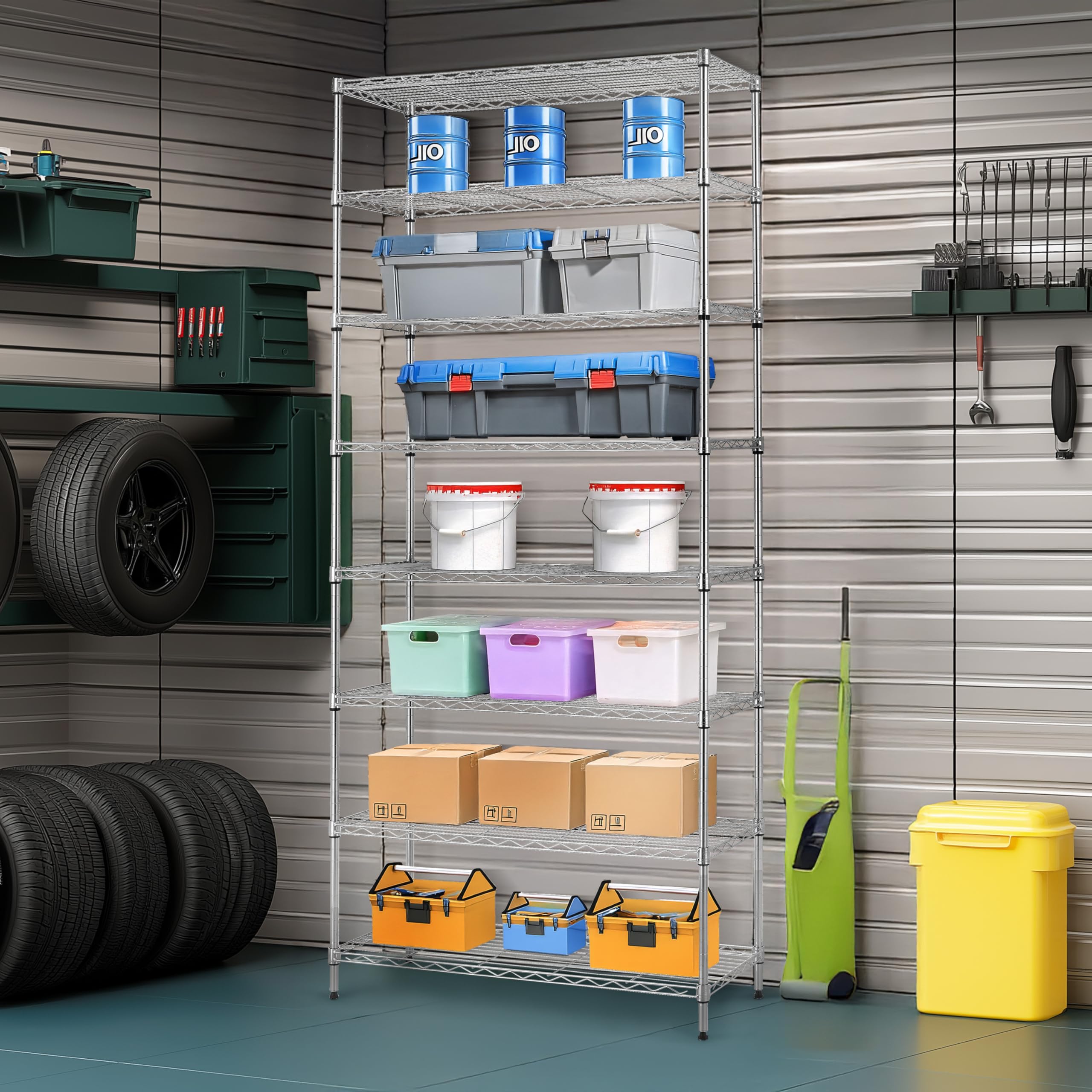 Finnhomy 8-Tier Wire Shelving Unit - 14x36x80 Inches, Adjustable Black Steel Storage Rack, NSF Certified