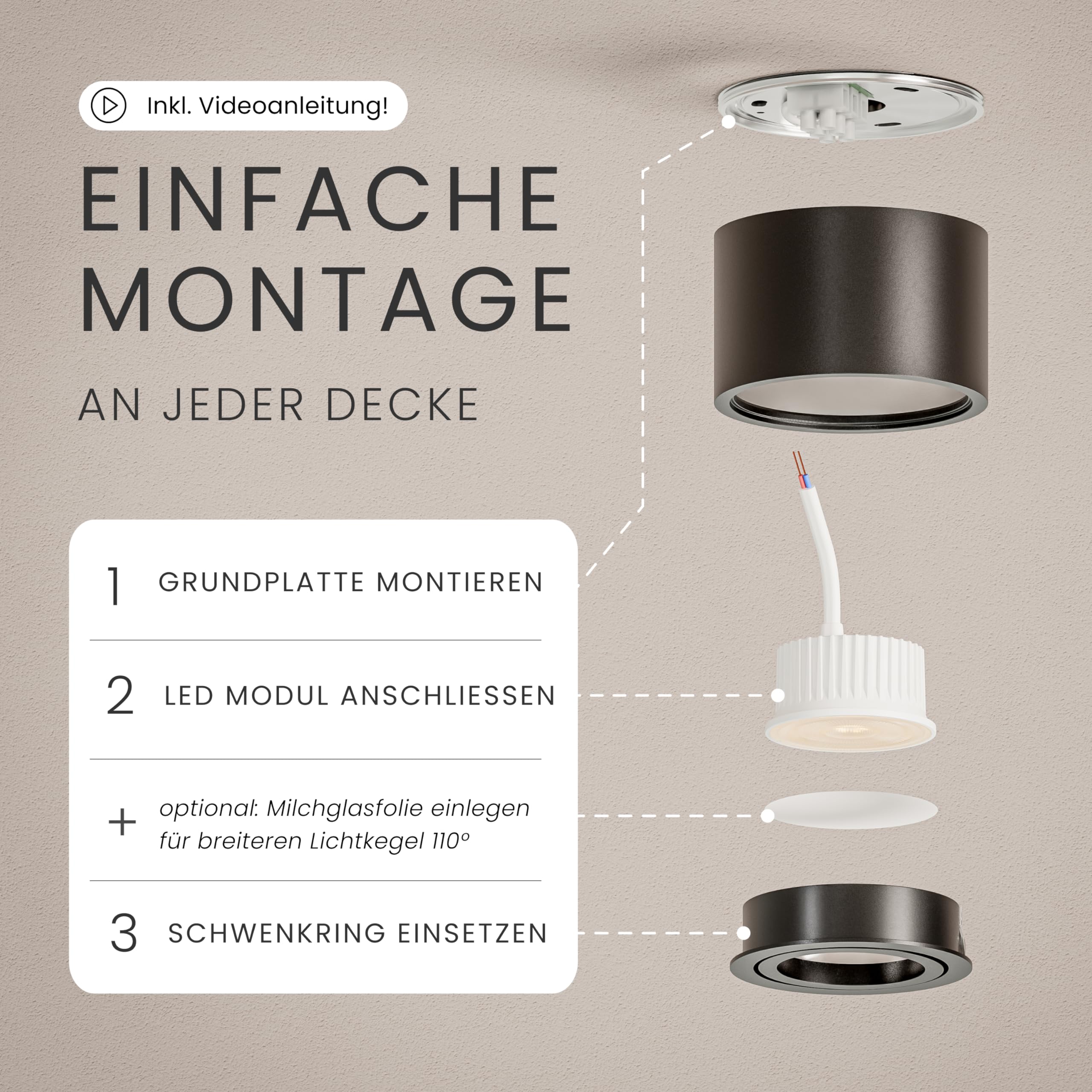 MATO Aufbauspot schwarz extra flach schwenkbar Ø80x50mm 5W LED Modul 230V 3000K/4000K/6500K Deckenspots