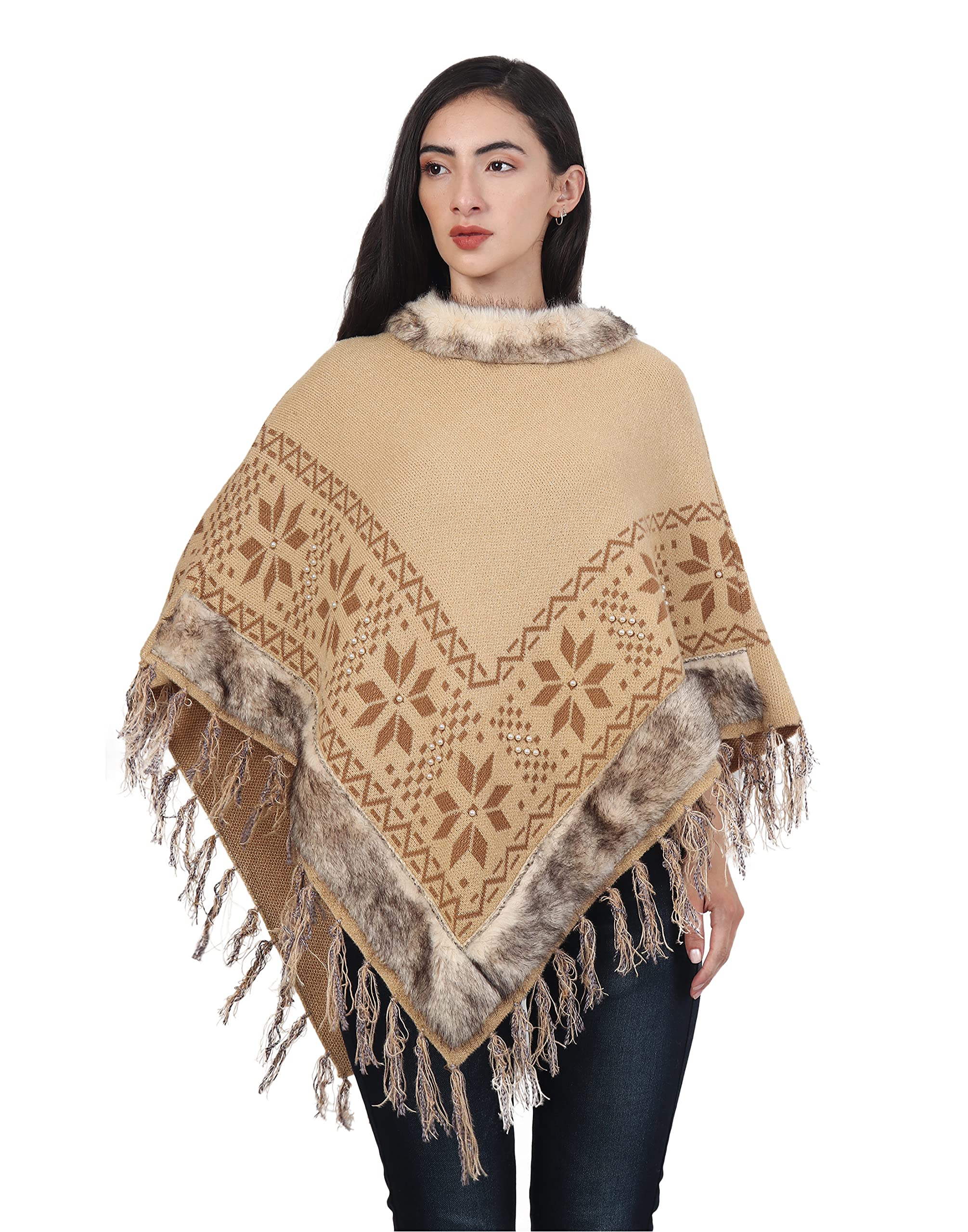 matelco Women Woolen Self Design Poncho Shrug with Fur Designing-picture-27