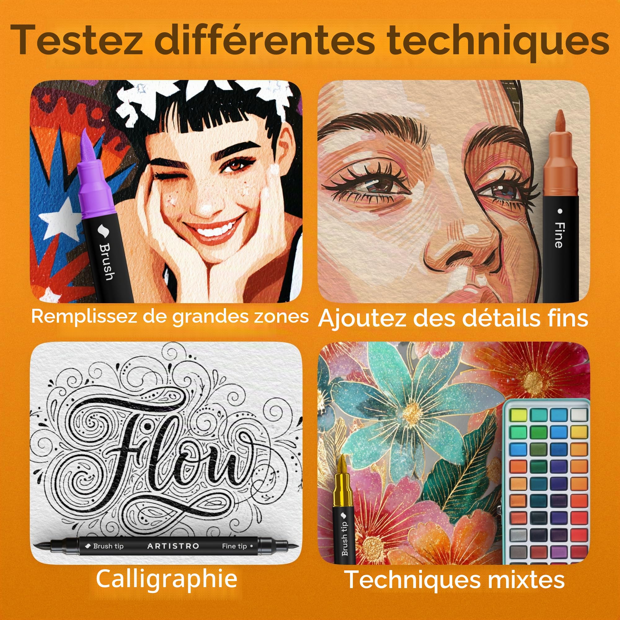 Artistro Lot de 72 marqueurs de peinture acrylique à double pointe pour tissu, toile, pierre, verre, bois, papier, bricolage (double pointe + fine)