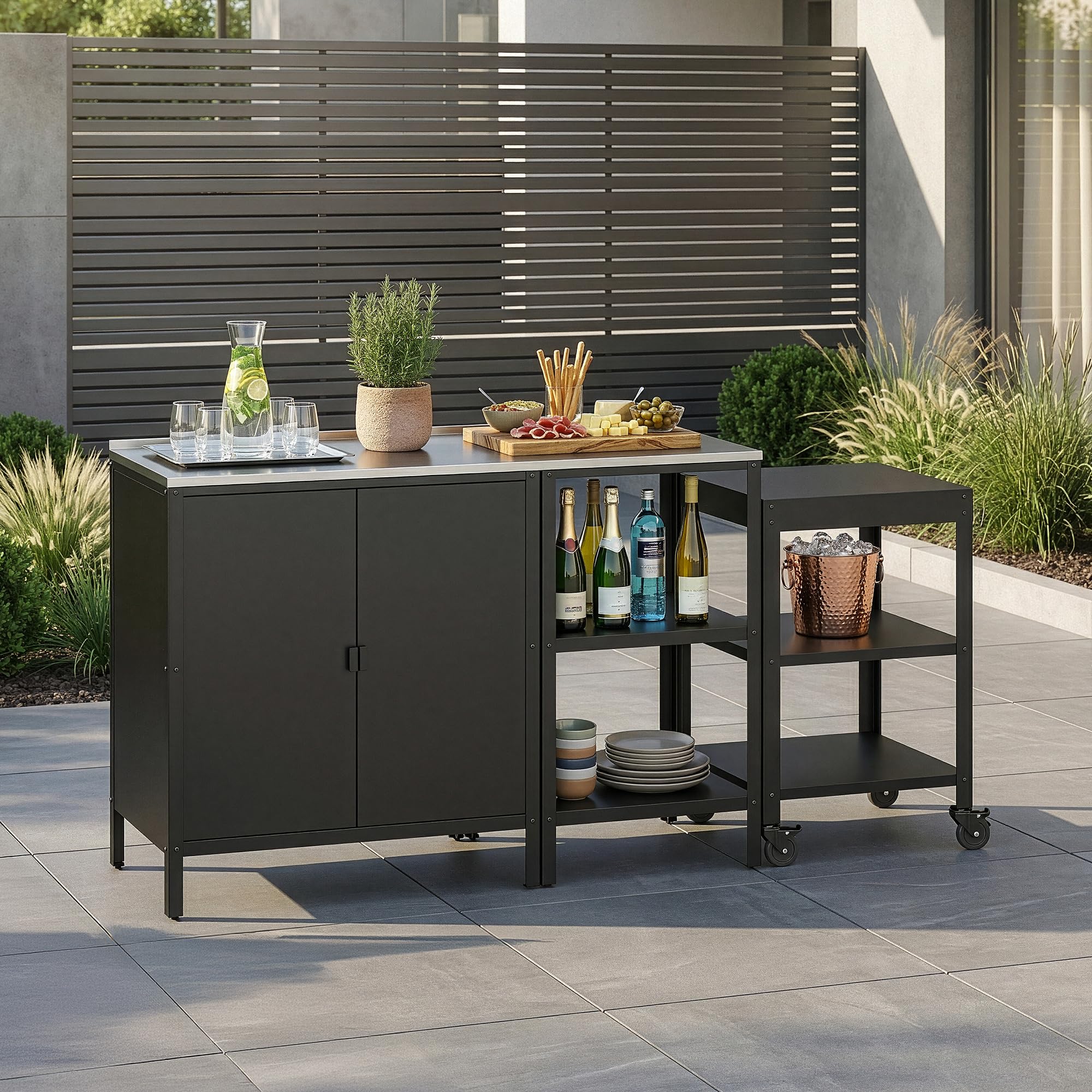 Ensemble de 3 Meubles Outdoor Bolognano Armoire d'Extérieur Chariot Barbecue Acier Noir Mat