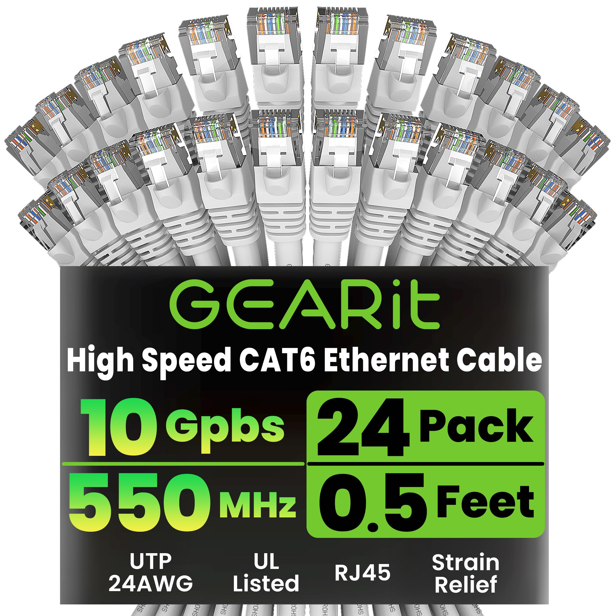 GearIT 24-Pack Cat 6 Ethernet Cable Cat6 Snagless Patch 0.5 Feet - Snagless RJ45 Computer LAN Network Cord White - Compatible with 24 48 Port Switch POE Rackmount 24port Gigabit