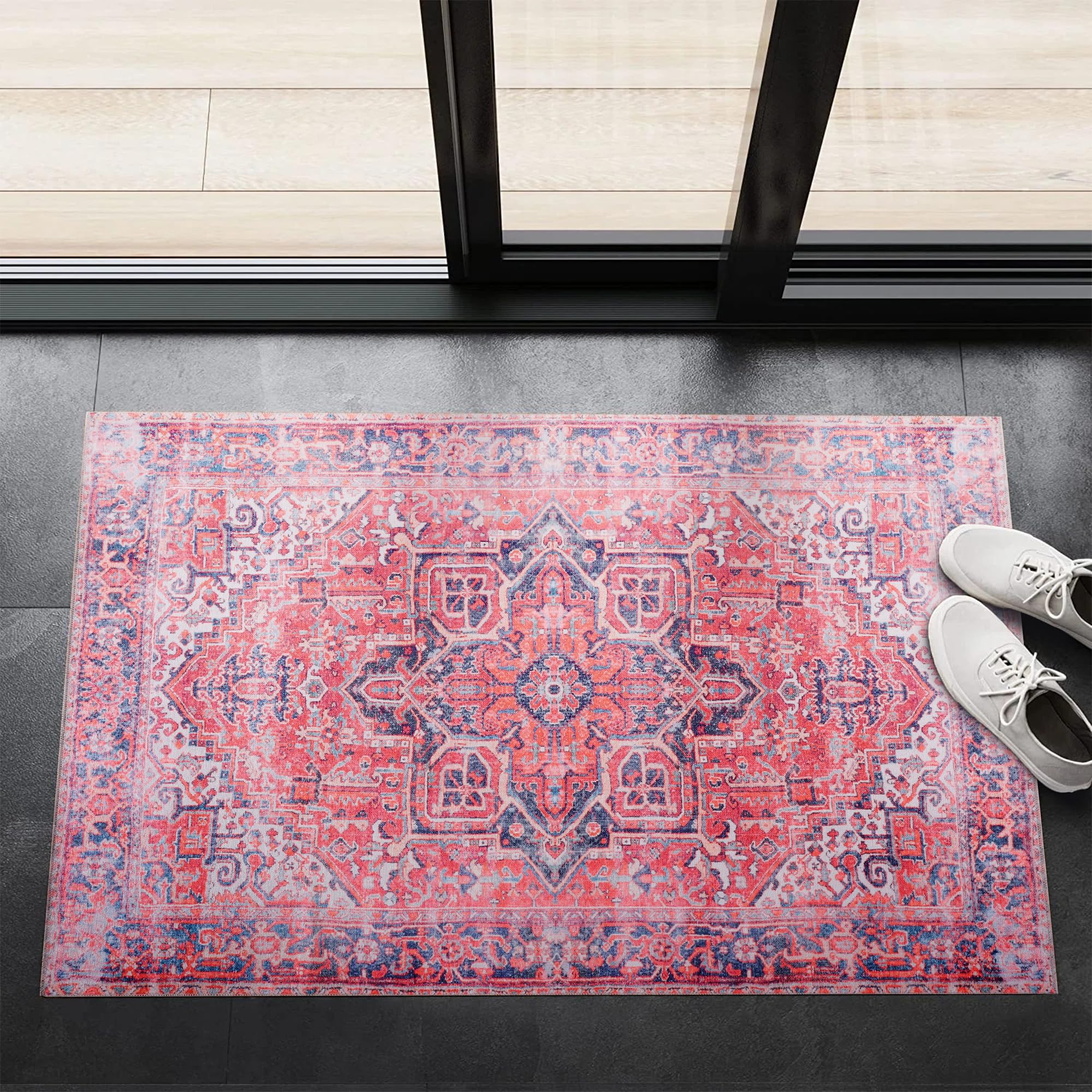 RUGS DEPOT Machine Washable Area Rug for Living Room – 4 mm Thin Vintage Carpet with Non-Slip Cotton Backing | Soft Low-Pile Washable Rug for Bedroom & Hallway