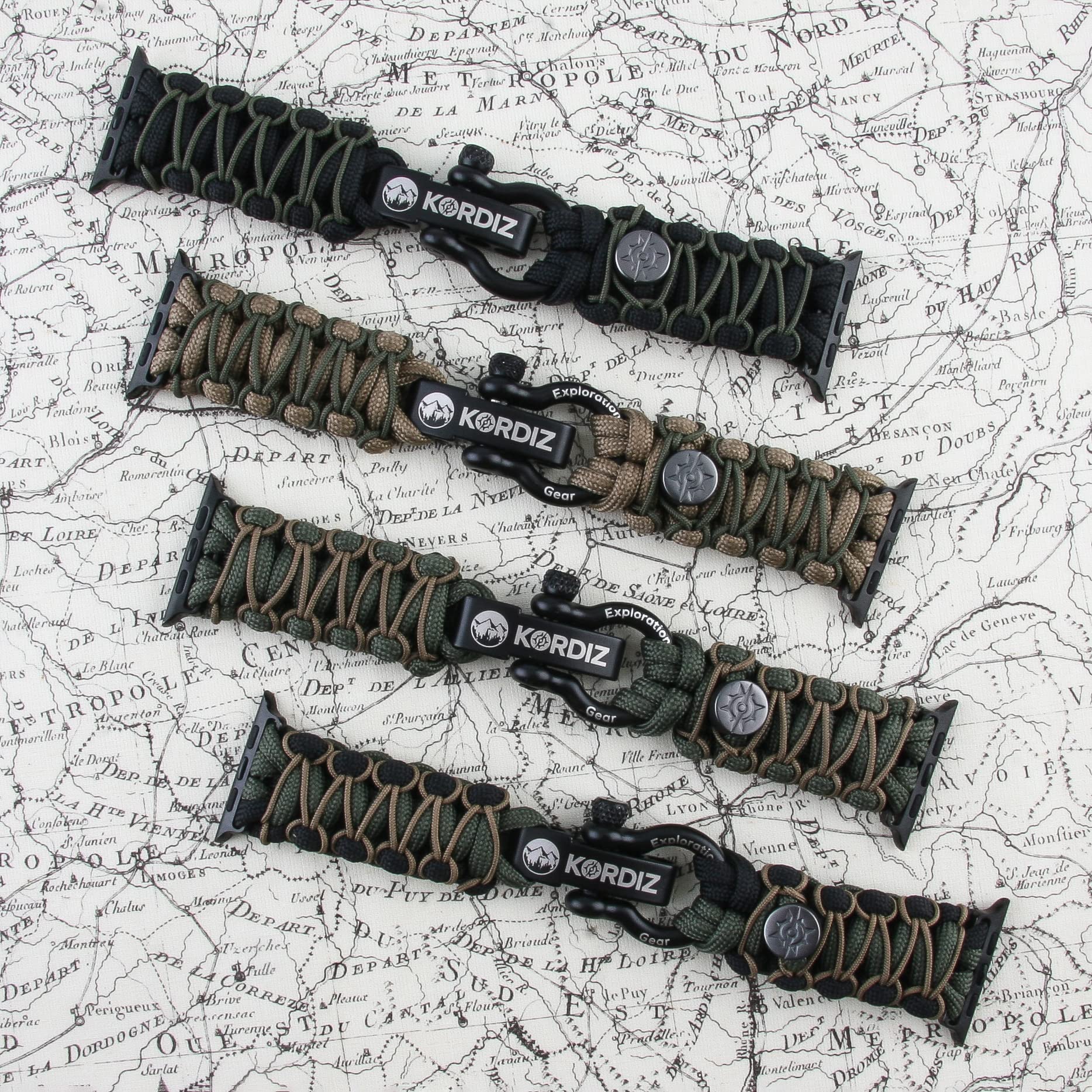 KORDIZ Survivor Pro - Correa de reloj de paracaídas compatible con Apple Watch de 42 mm, 44 mm, 45 mm, con grillete ajustable de acero inoxidable (negro/verde y micro coyote, M)