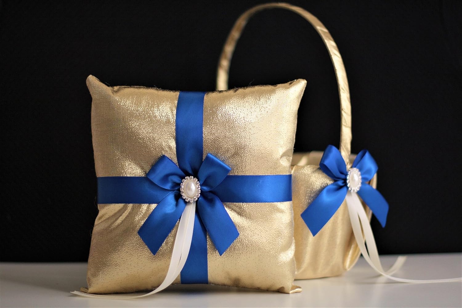 Royal Blue Wedding Basket + Ring Bearer Pillow Set Gold
