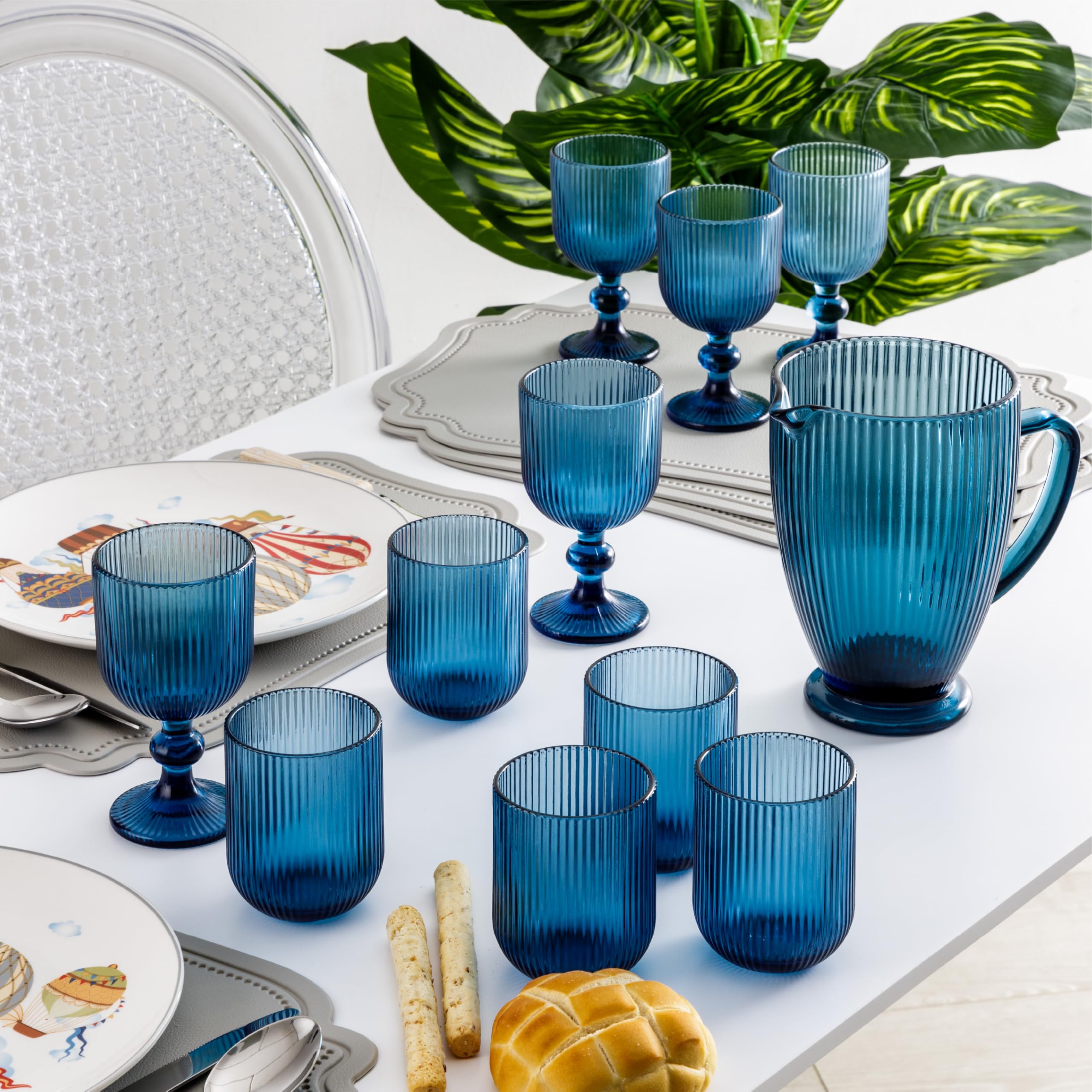 Baroni Home Set 6 pz di Bicchieri in Vetro Colorati e Decorati con Righe in Rilievo 30 CL, Bicchieri Eleganti Lavabili in Lavastoviglie, 8x8x10 cm, Blu