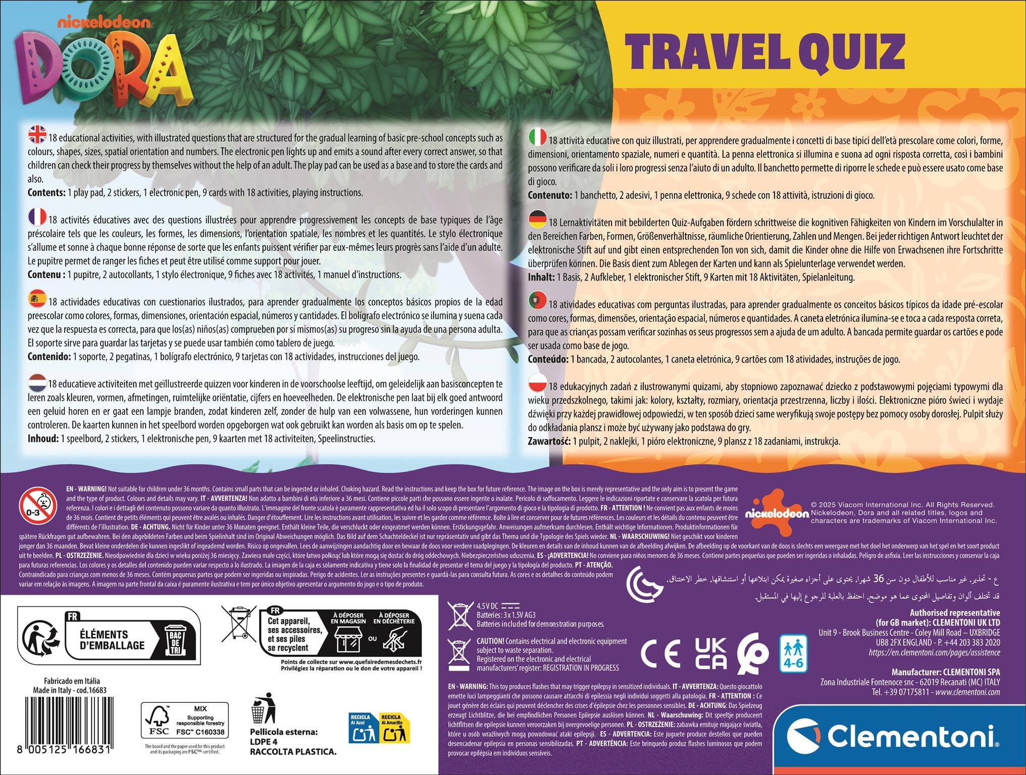 Clementoni Dora The Explorer - Travel Quiz Game With Electronic Pen, Includes 9 Cards and 18 Educational Activities for Kids Age 3+ - Image 2